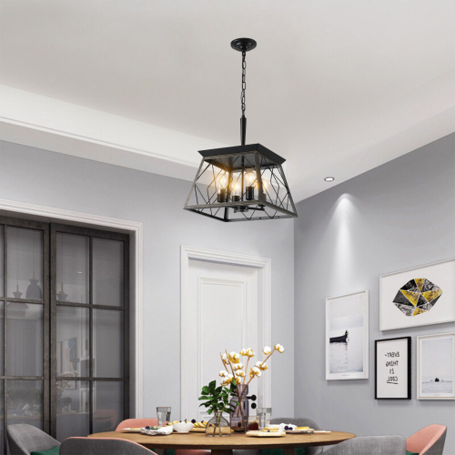 (Same as W1340111203/L1009) 16" Black Industrial 4-Light Pendant Chandelier, Modern Metal Cage Design, Adjustable Hanging Light for Dining Room, Kitchen, Living Room (No Bulbs)、、eastwooduniform