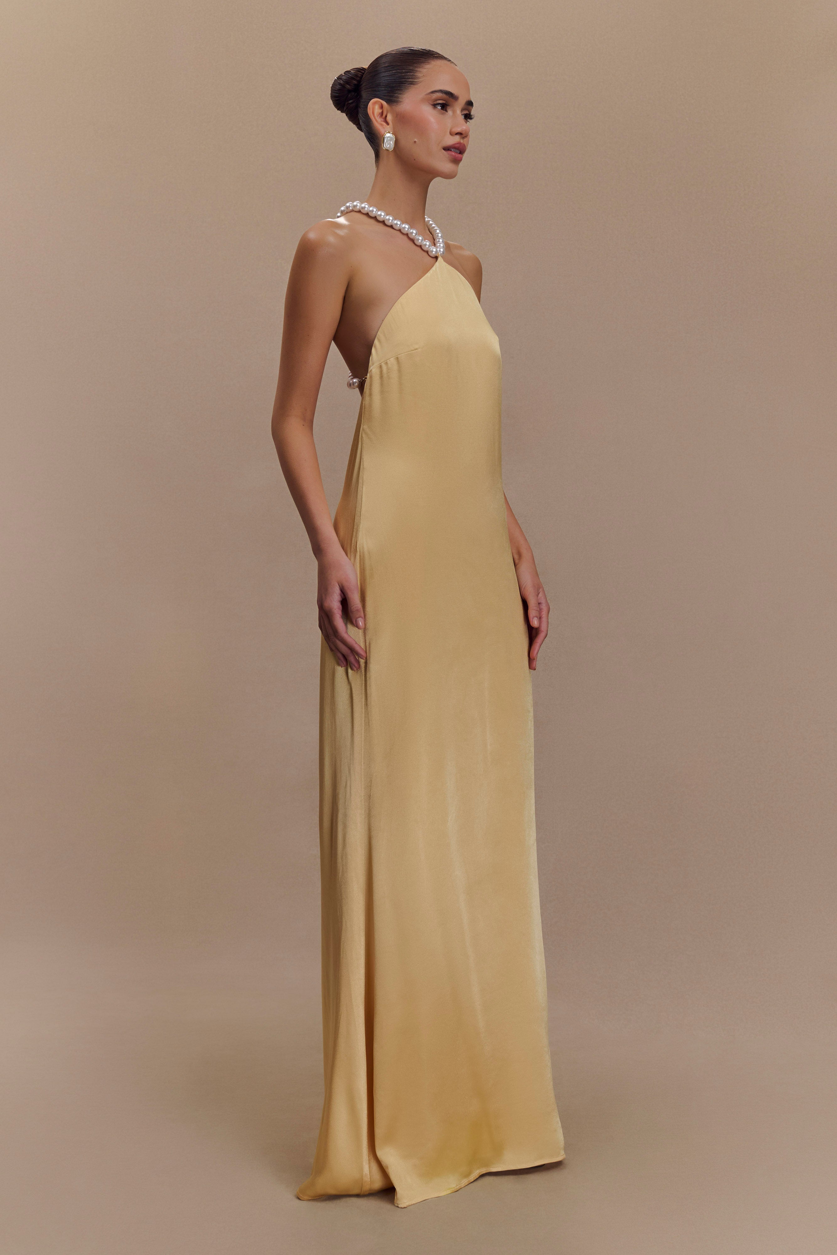 Blanche Satin Pearl Halter Maxi Dress - Peach、mySite、solidvoid