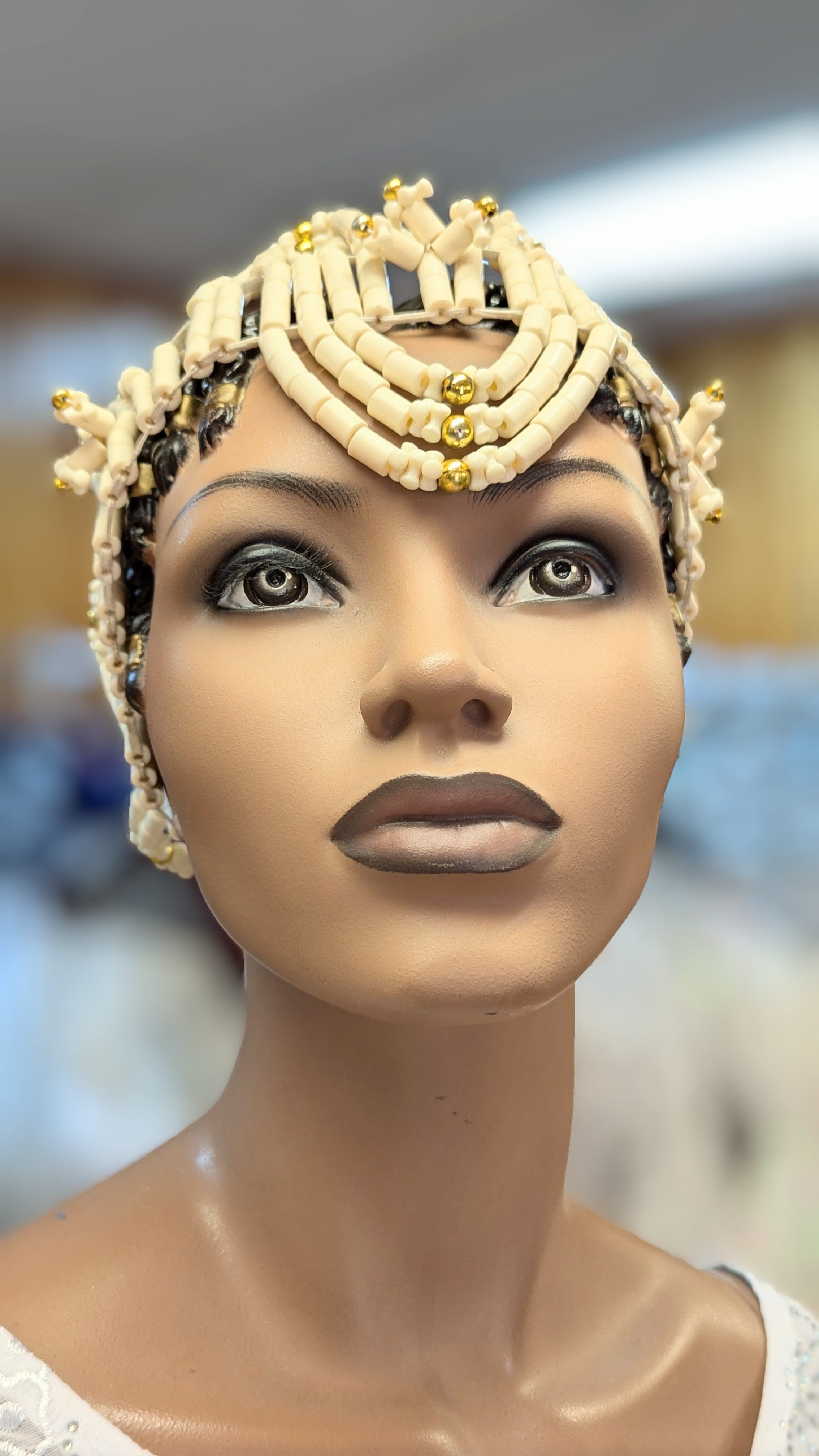 Dupsie's Kelechi Igbo Edo African Ivory and Gold Beaded Crown Bracelet and Earrings Set DPACNBI3、mySite、solidvoid