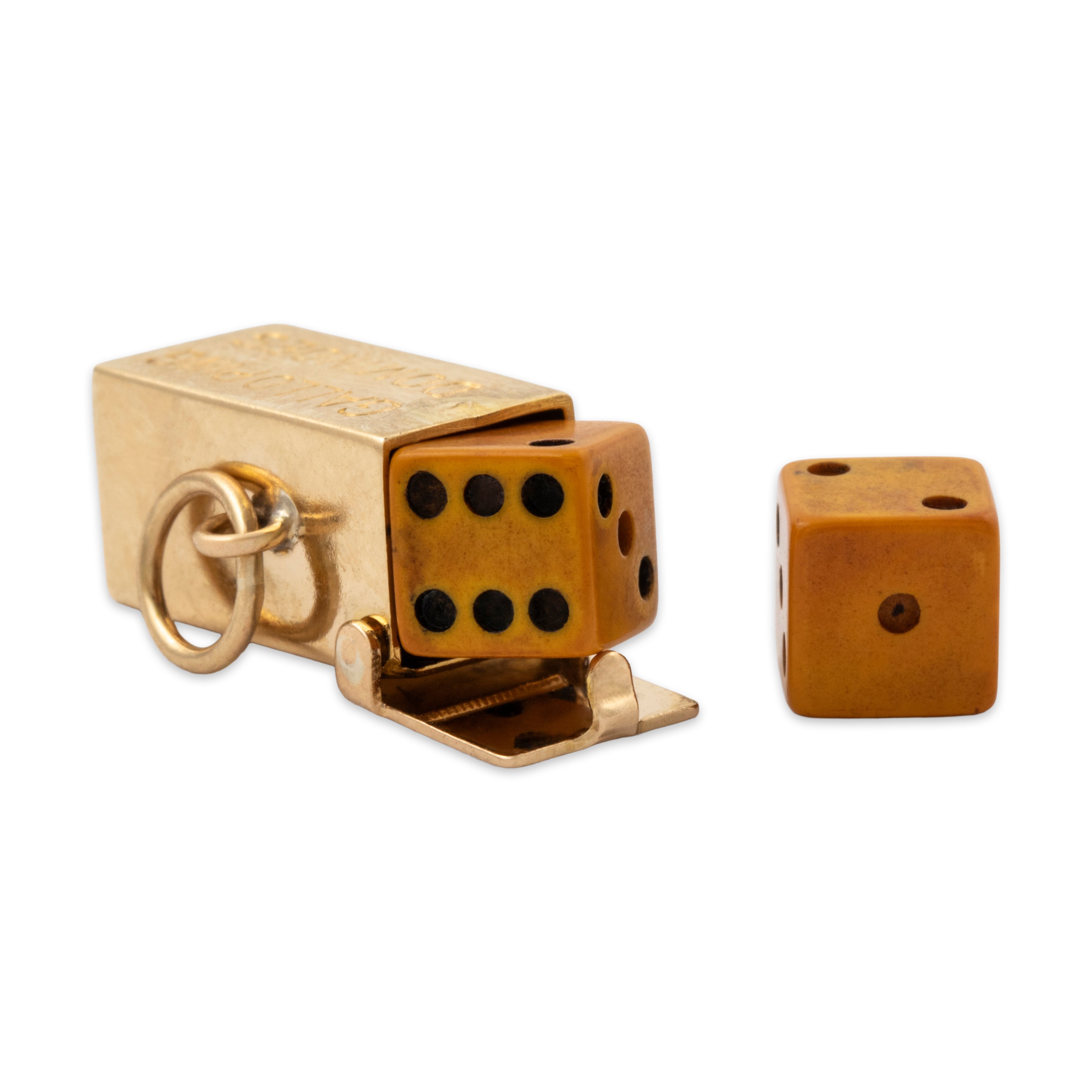 Vintage Unusual 14k Yellow Gold 3D Galloping Dominoes Box w/ Bakelite Dice Charm、mySite、hinf8tx79