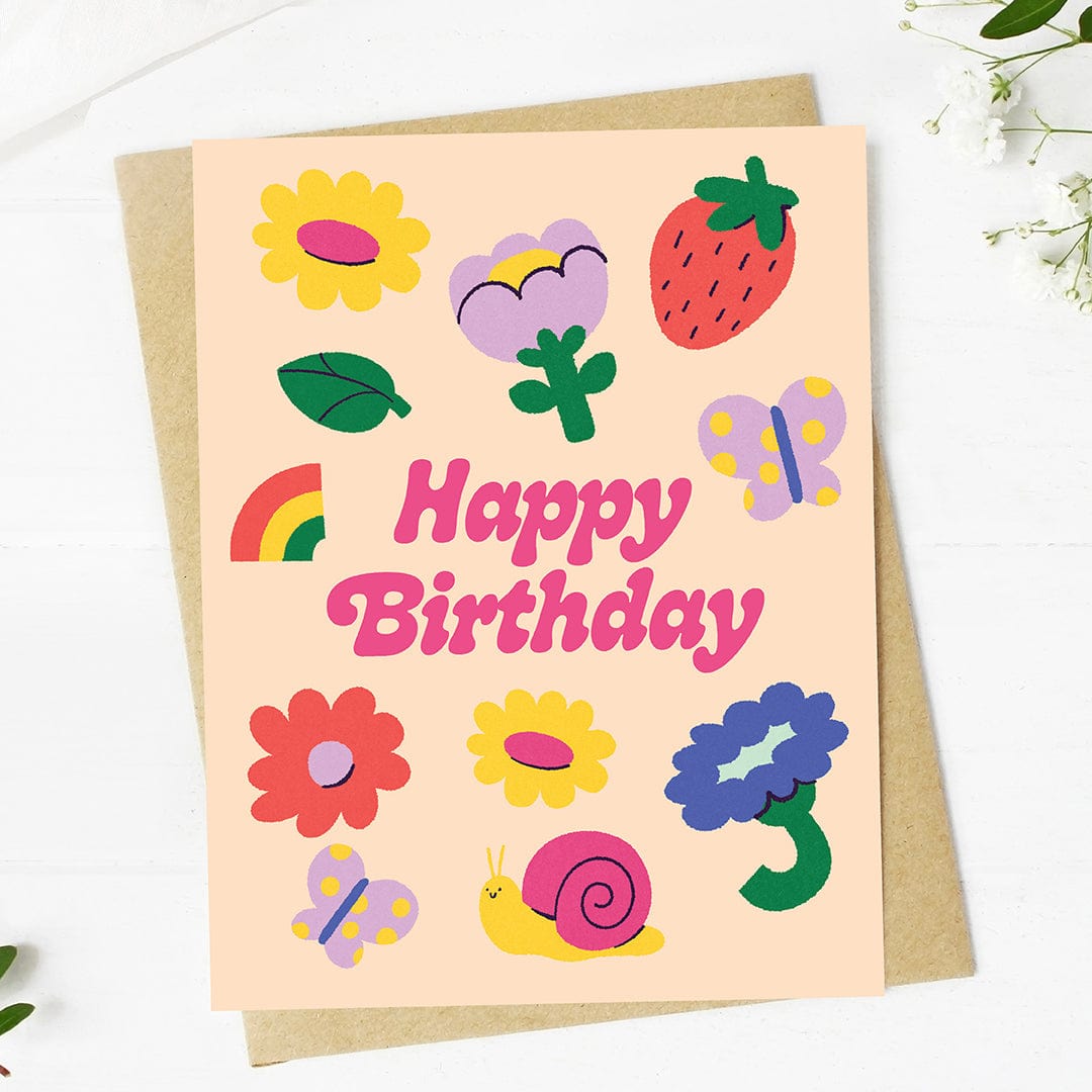  Happy Birthday Flowers & Cute Icons Spring Peach Card、mySite、ghnorth