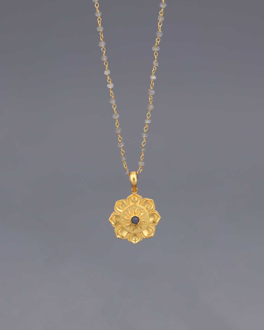 Gold-Plated Lotus Mandala Necklace with Moon Phases and Labradorite Gemstone – Celestial Design with Symbolic Sun, Stars & Lunar Petals、mySite、topwebapps
