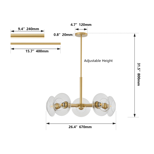 26" Modern Gold 5-Light Sputnik Chandelier with Clear Glass Shades, Mid-Century Hanging Pendant Light Fixture for Dining Room, Living Room, or Kitchen (Bulb Not Included)、、eastwooduniform