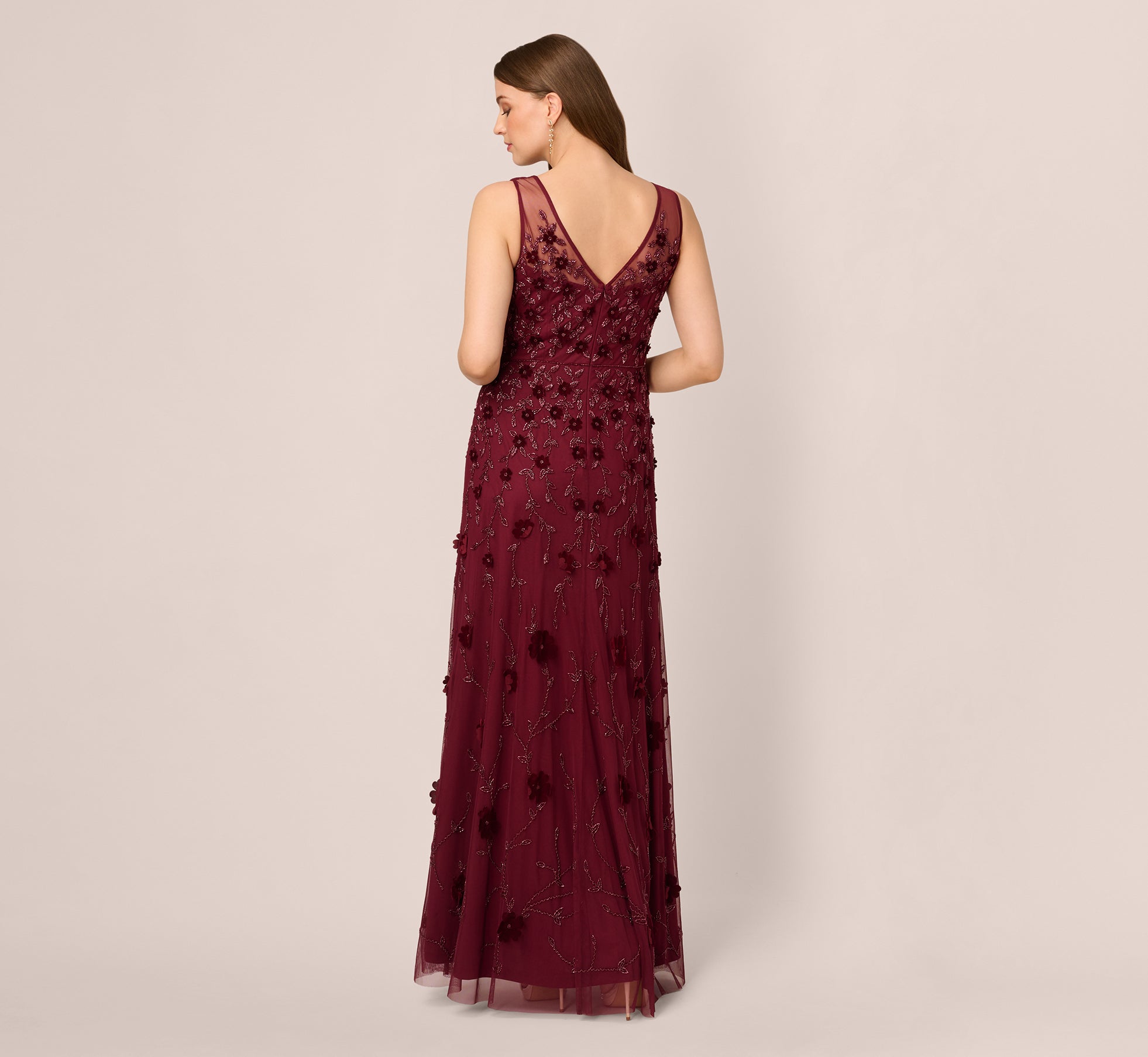 Velvet Floral Beaded Gown With Sheer Tank Straps In Mahogany、mySite、solidvoid