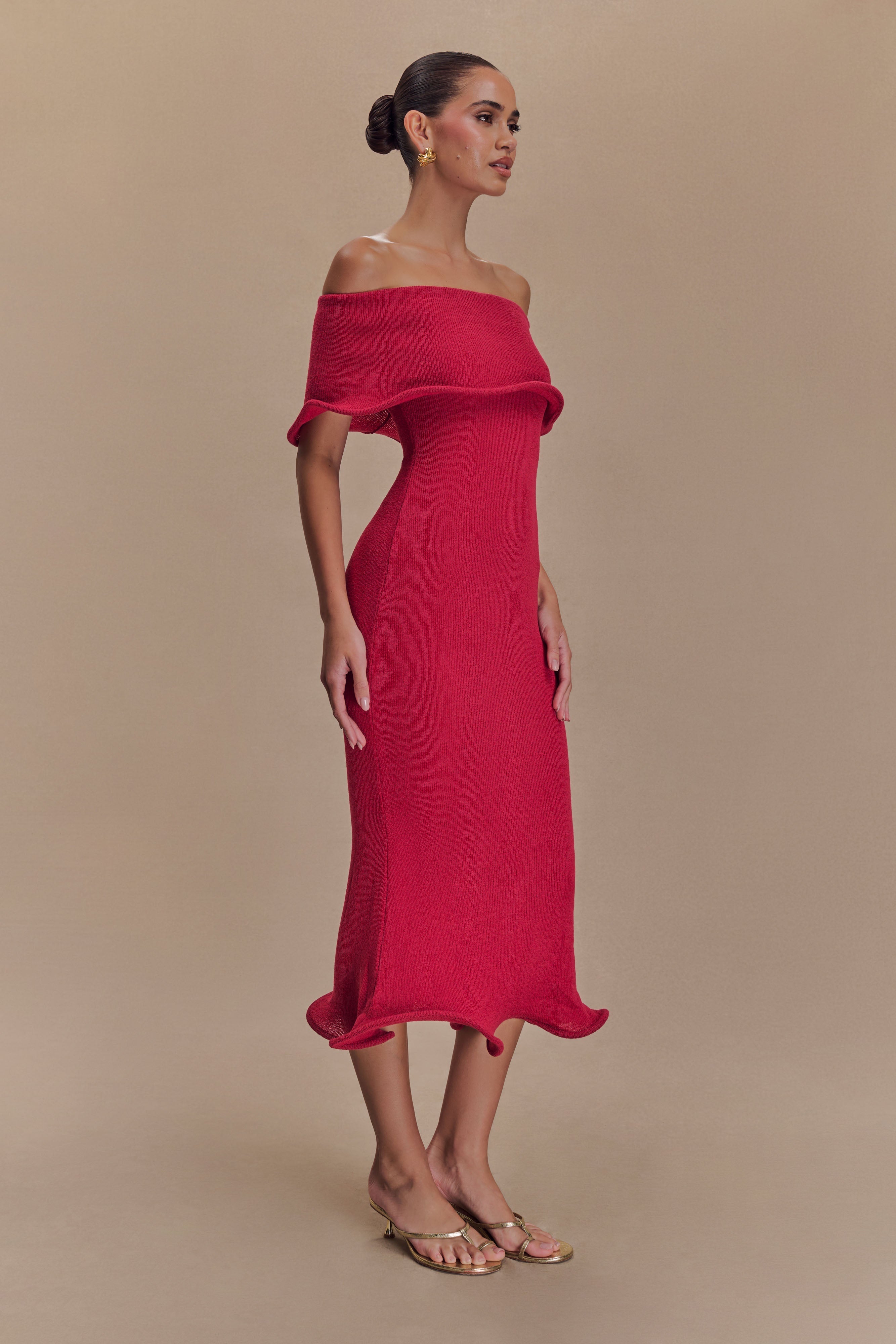 Molly Off Shoulder Knit Midi Dress - Raspberry、mySite、solidvoid