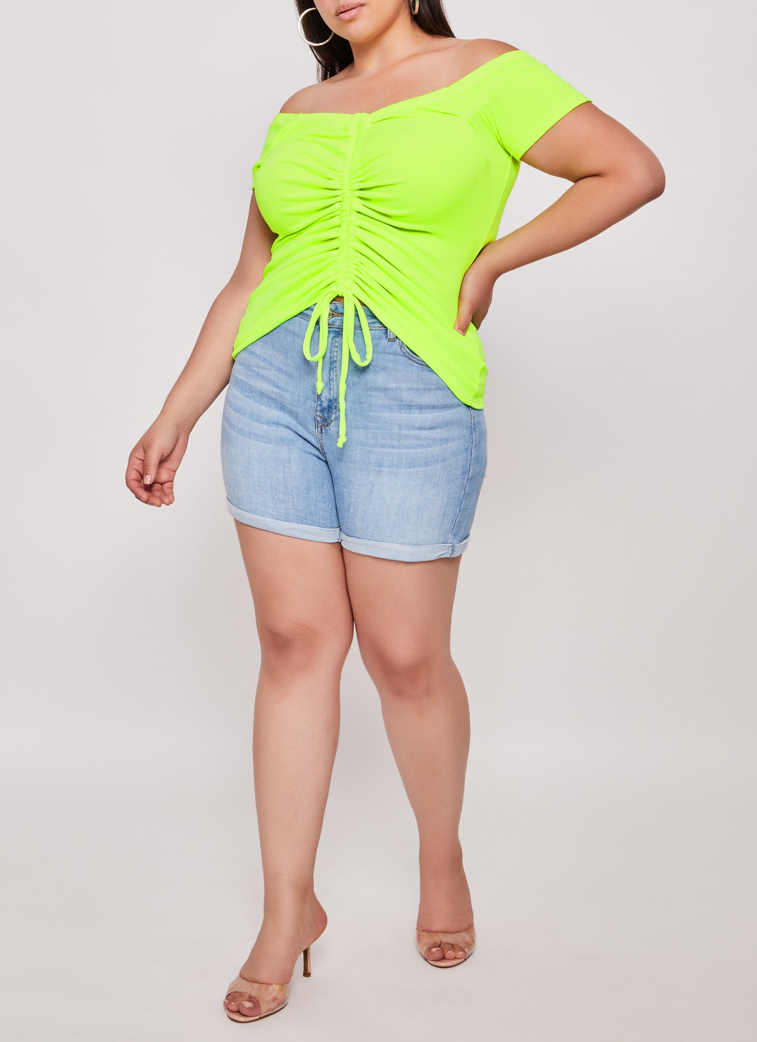 Plus Size Drawstring Ruched Off the Shoulder Top、mySite、camillekostekn