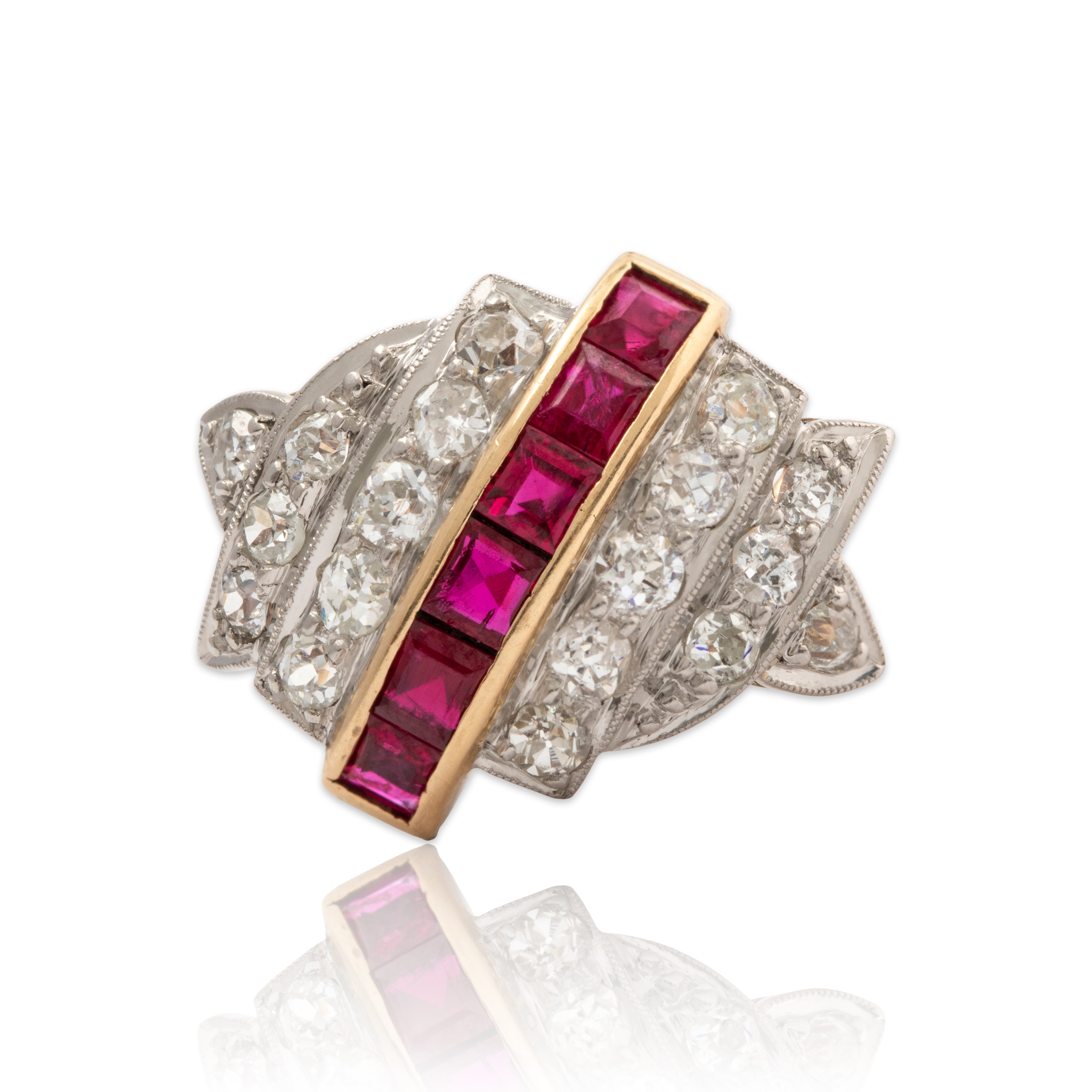Antique 14k Yellow & White Gold .892cttw Diamond Ruby Art Deco Ring 8.5、mySite、hinf8tx79