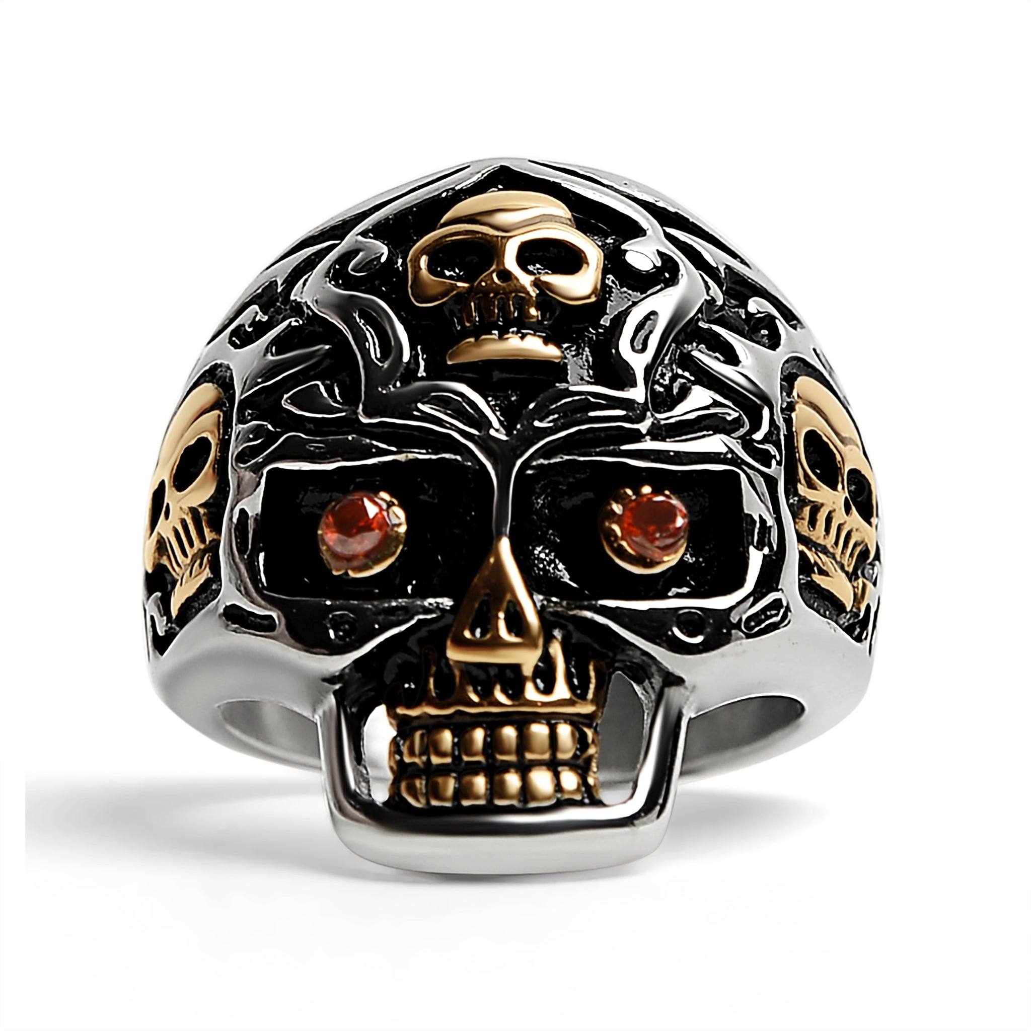 Stainless Steel 18K Gold PVD Coated Red CZ Eyed Filigree Skull Ring / SCR4003、mySite、dreamappss