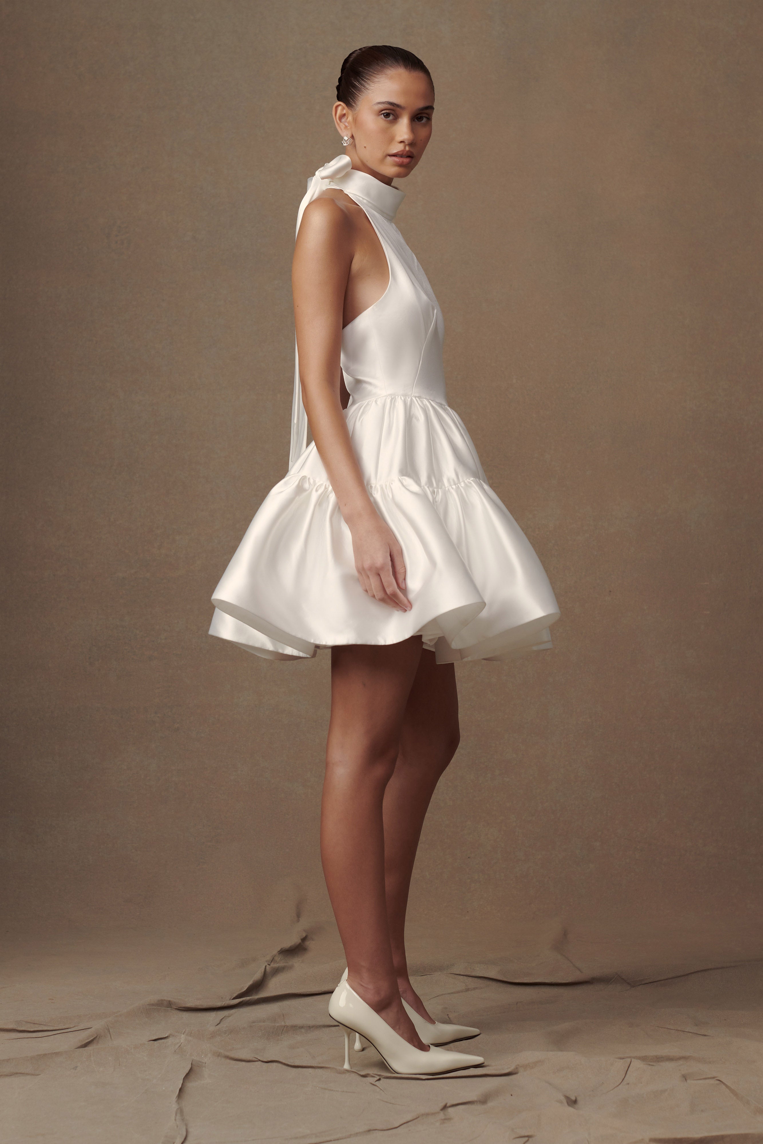 Dorota Satin Halter Mini Dress - White、mySite、solidvoid