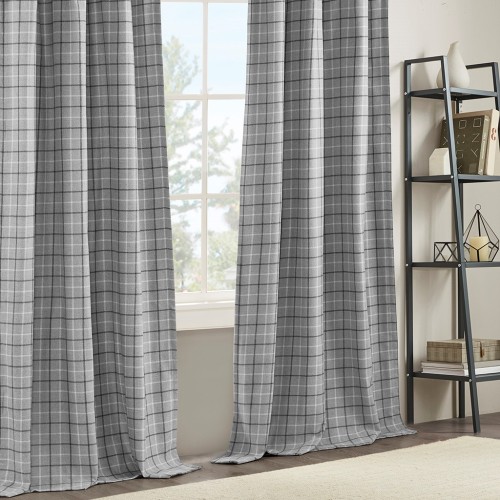 Plaid Rod Pocket and Back Tab Curtain Panel with Fleece Lining Brown 50x84"、、eastwooduniform