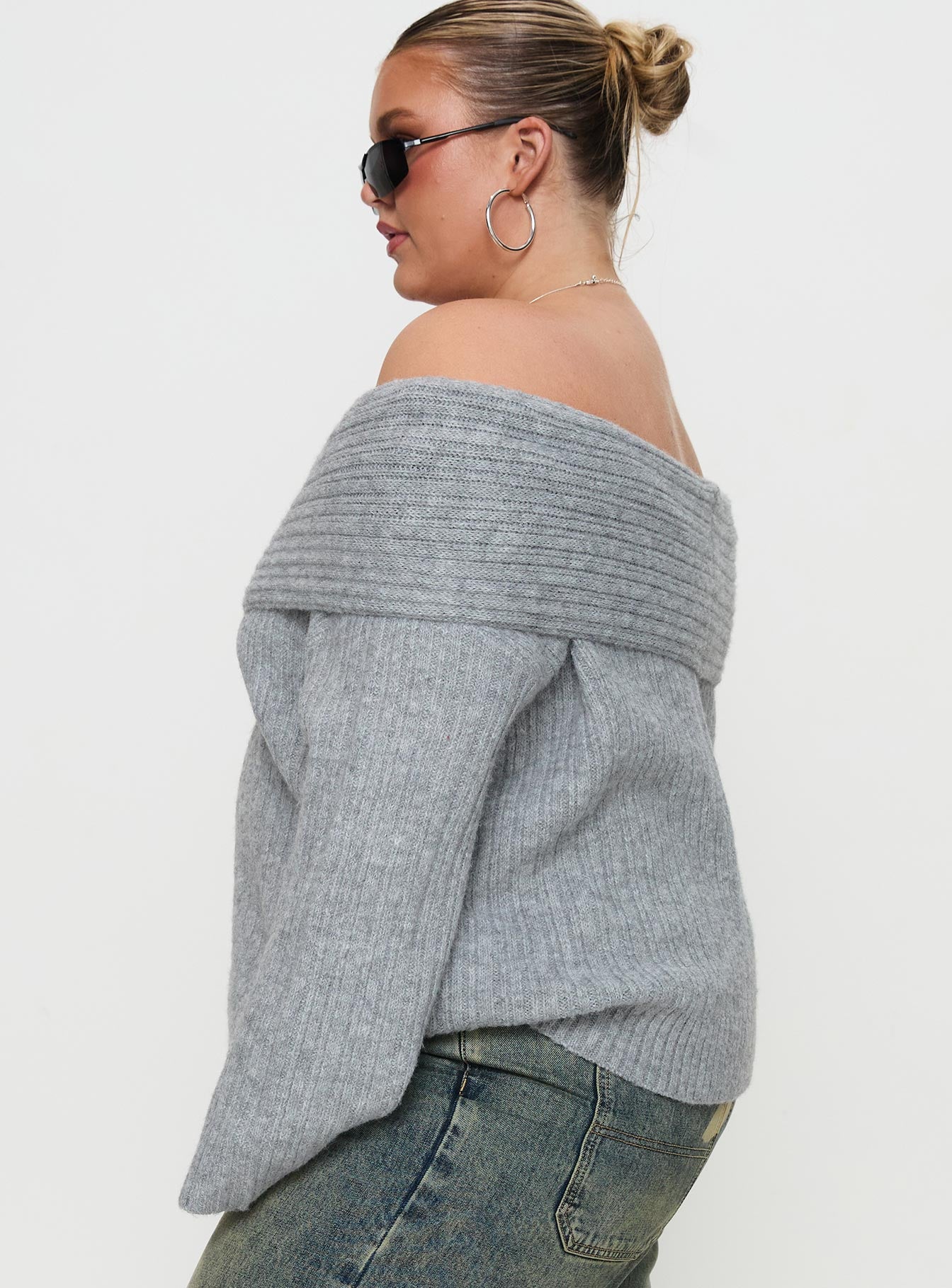 Snowie Off Shoulder Knit Sweater Grey Curve、mySite、solidvoid