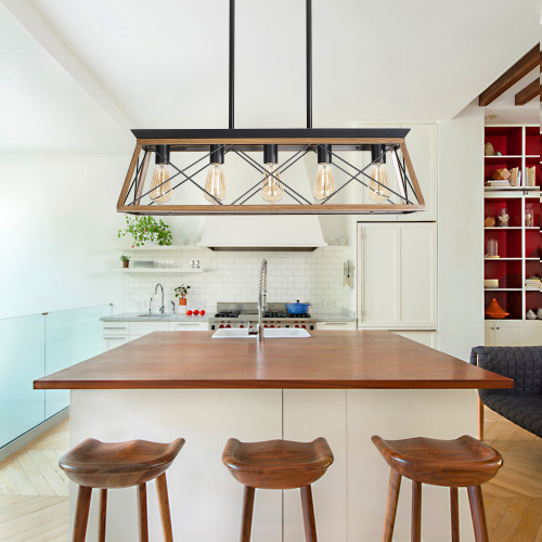 (NEW SKU :W1340P206631) 32" Walnut Industrial 5-Light Pendant Chandelier, Modern Metal Cage Design, Adjustable Hanging Light for Dining Room, Kitchen, Living Room (No Bulbs)、、eastwooduniform