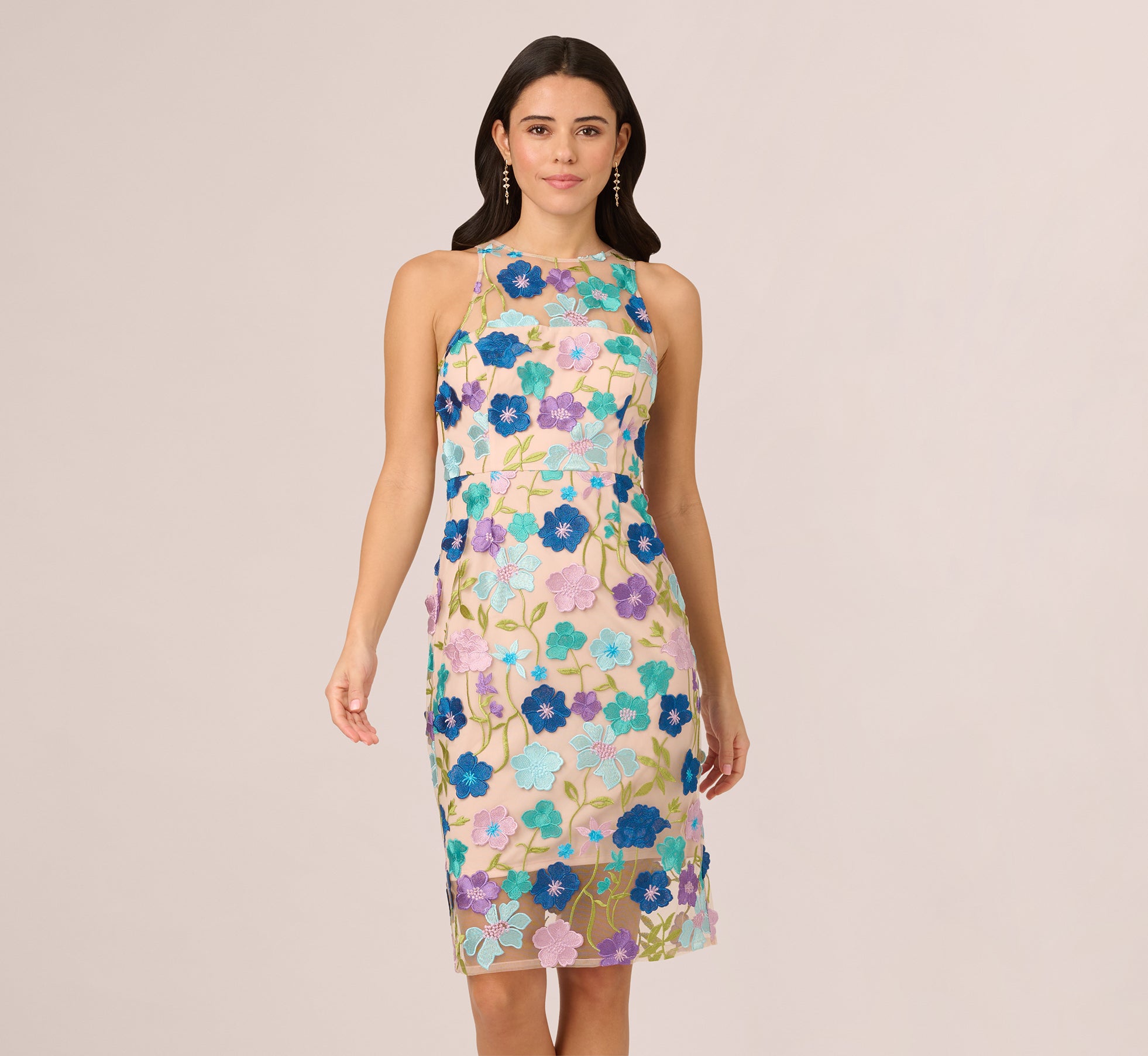Multicolor Floral Embroidered Halter Midi Dress In Blue Multi、mySite、solidvoid