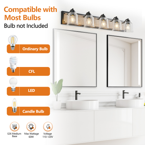 40&quot; Farmhouse Vanity Light Fixture, 5-Light Bathroom Wall Sconce with Clear Seeded Glass Shades, Black and Wood Grain Finish, Modern Industrial Design for Bathroom or Powder Room (No Bulbs)、、eastwooduniform