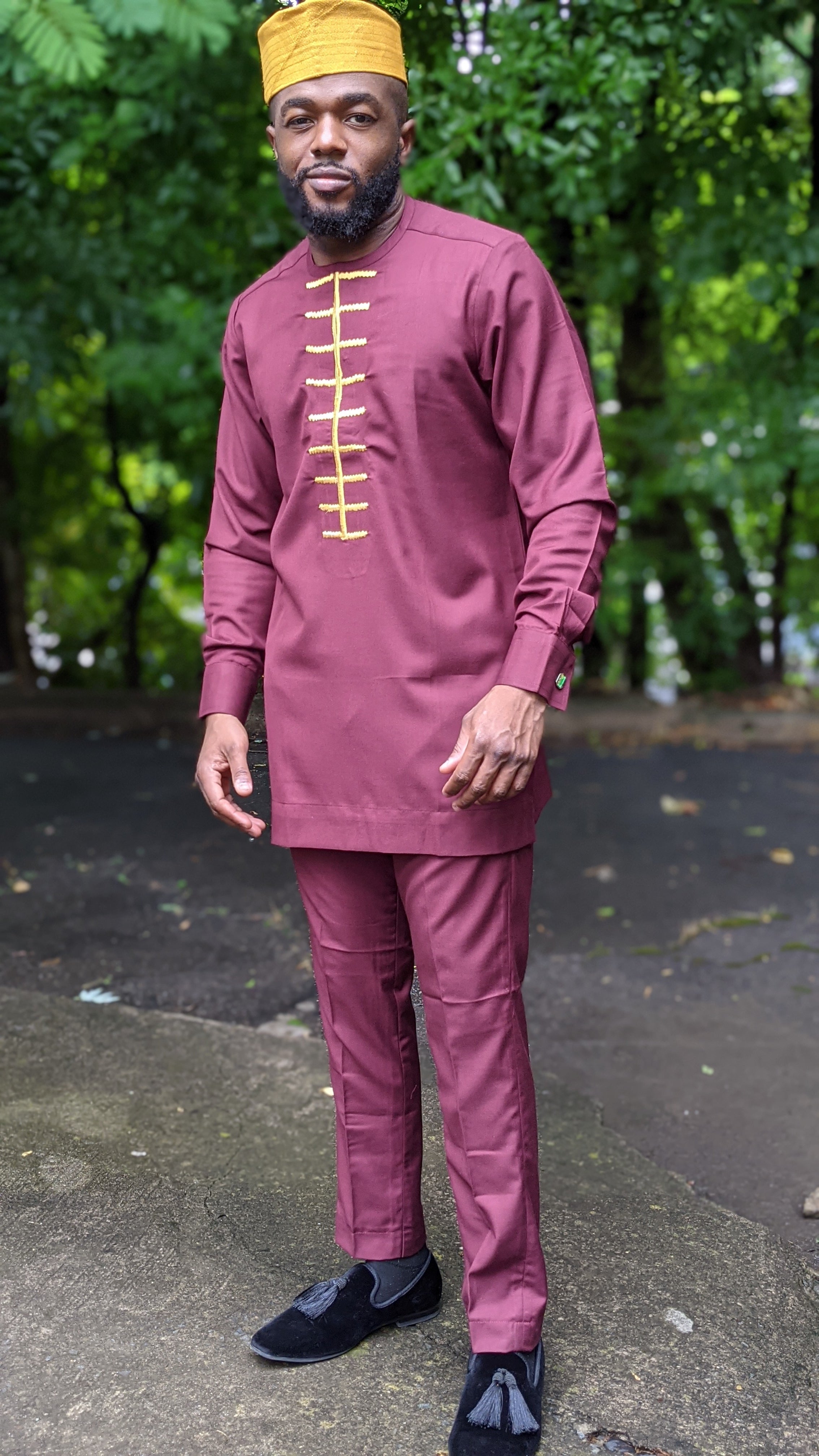 Emilokan Embroidered Burgundy and Gold African Senator Suit、mySite、solidvoid