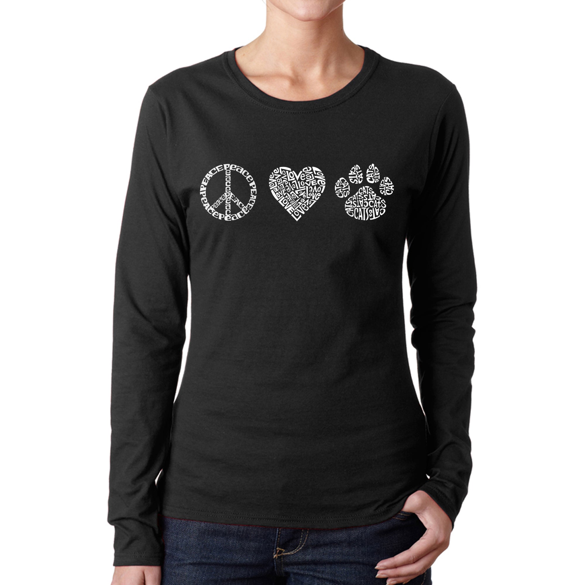 Peace Love Cats - Women's Word Art Long Sleeve T-Shirt、mySite、camillekostekn