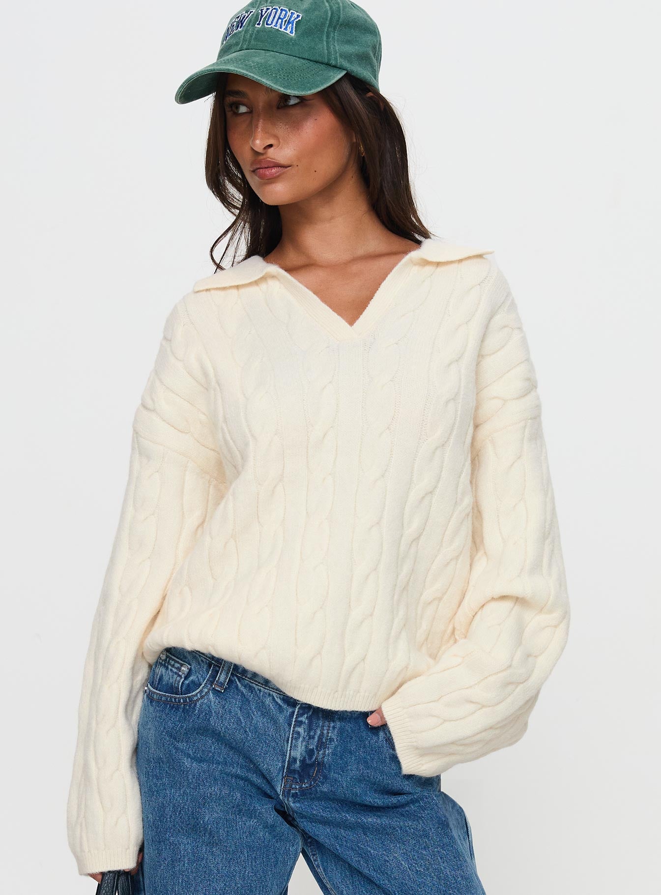 Brodey Collared Cable Knit Sweater Cream、mySite、solidvoid