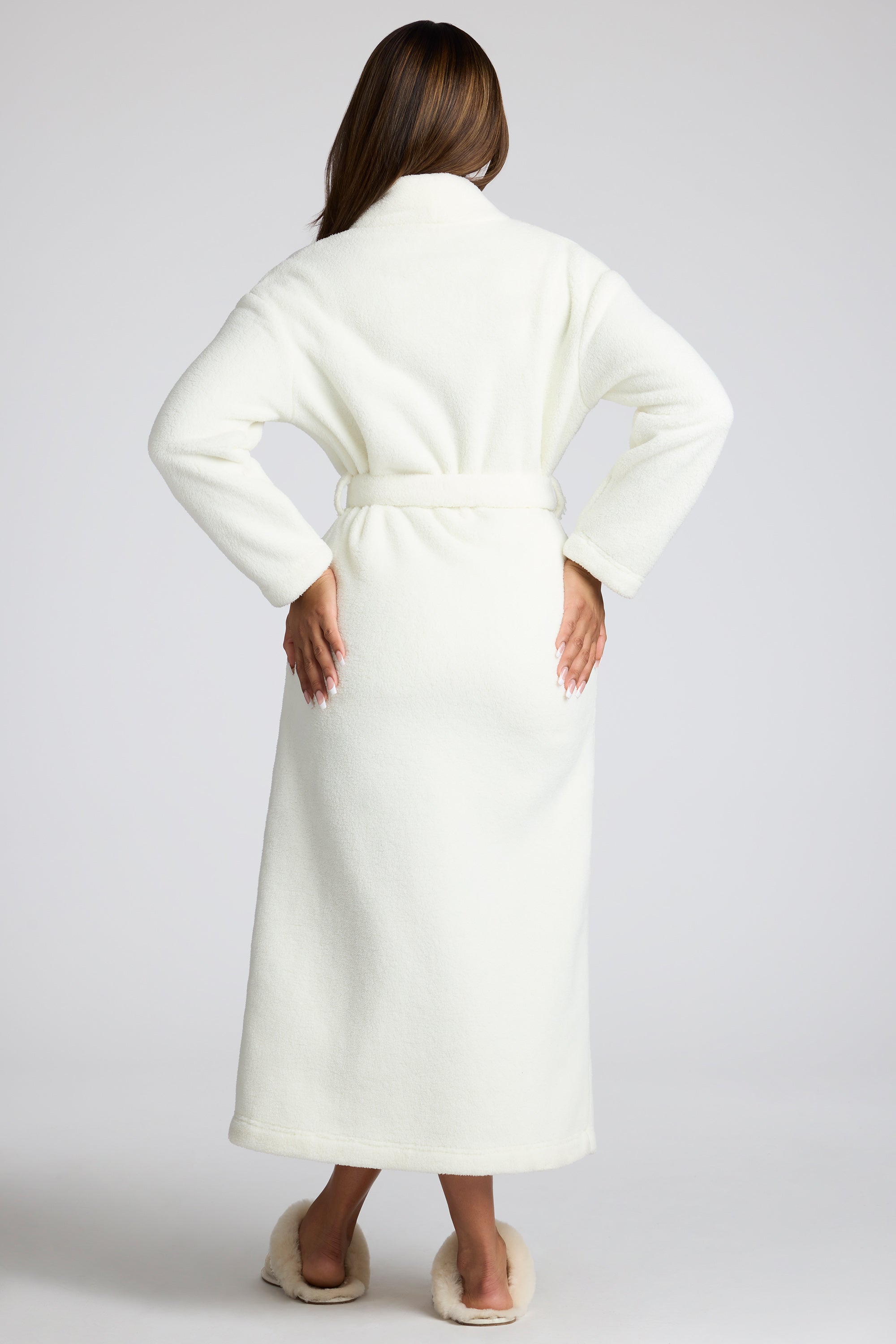 Tie Front Fleece Robe in White、mySite、solidvoid