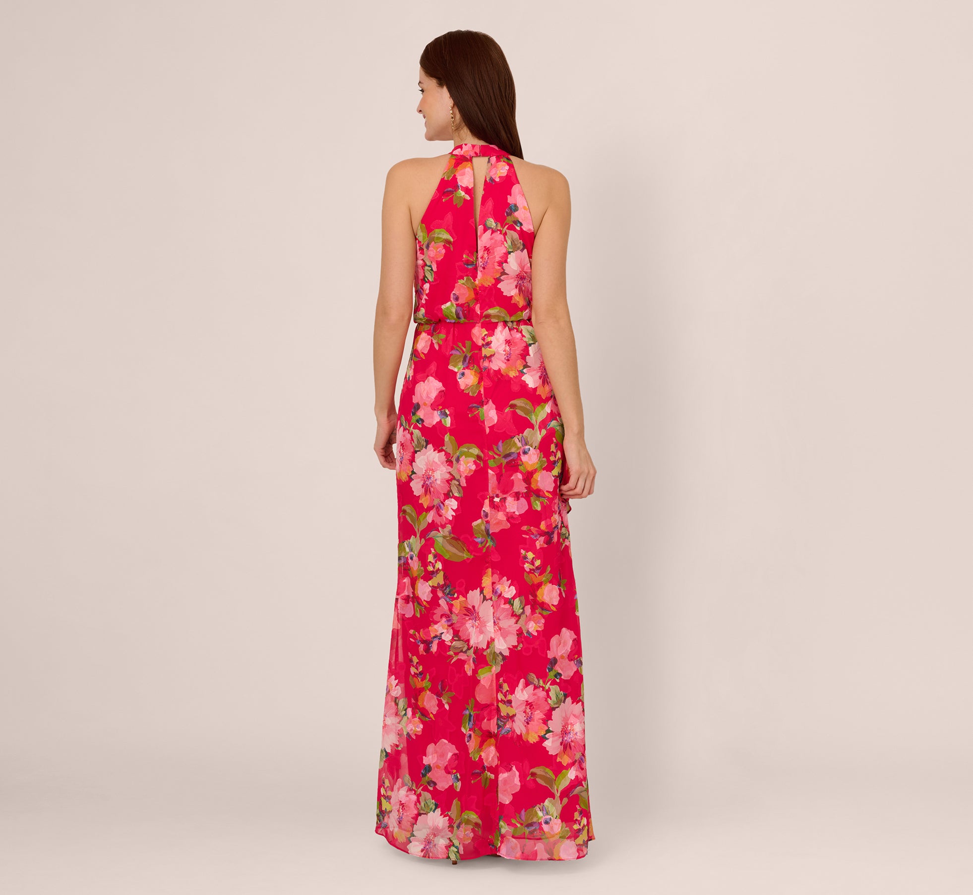 Floral Chiffon Keyhole Halter Maxi Dress In Pink Multi、mySite、solidvoid