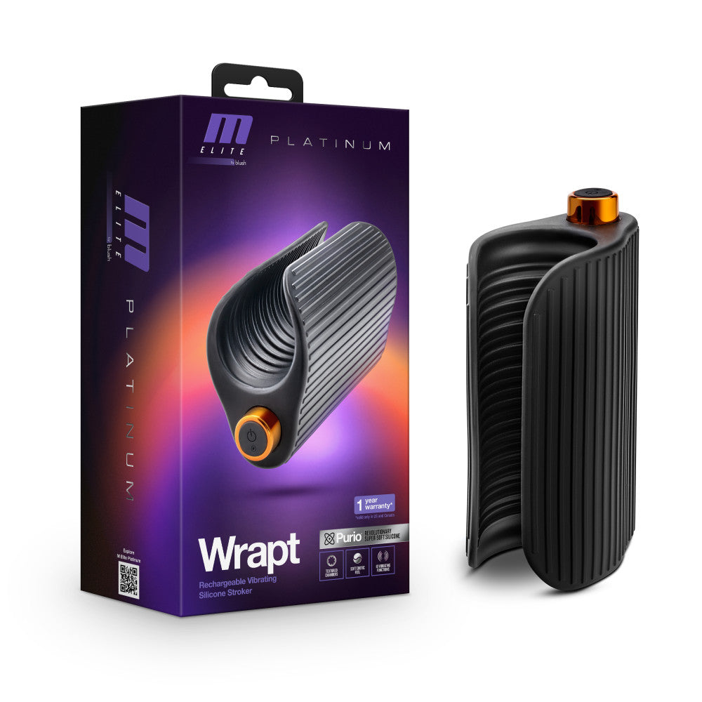 M Elite Platinum By Blush® | Wrapt 4 Inch Ribbed Vibrating Masturbator in Black - Made with Purio™ Ultra Soft Liquid Silicone、mySite、bottomscart