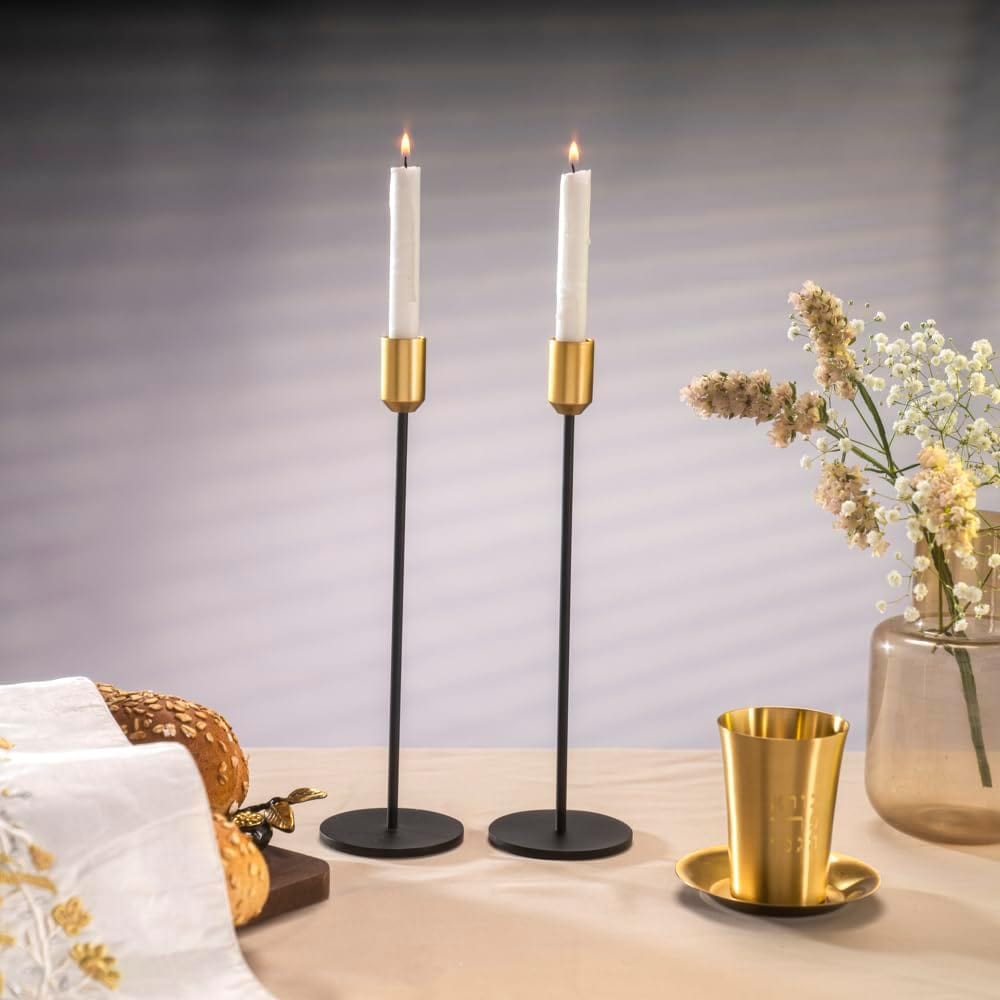 Sleek Black and Gold Shabbat Candlesticks by Yair Emanuel - 11 Tall、mySite、topwebapps