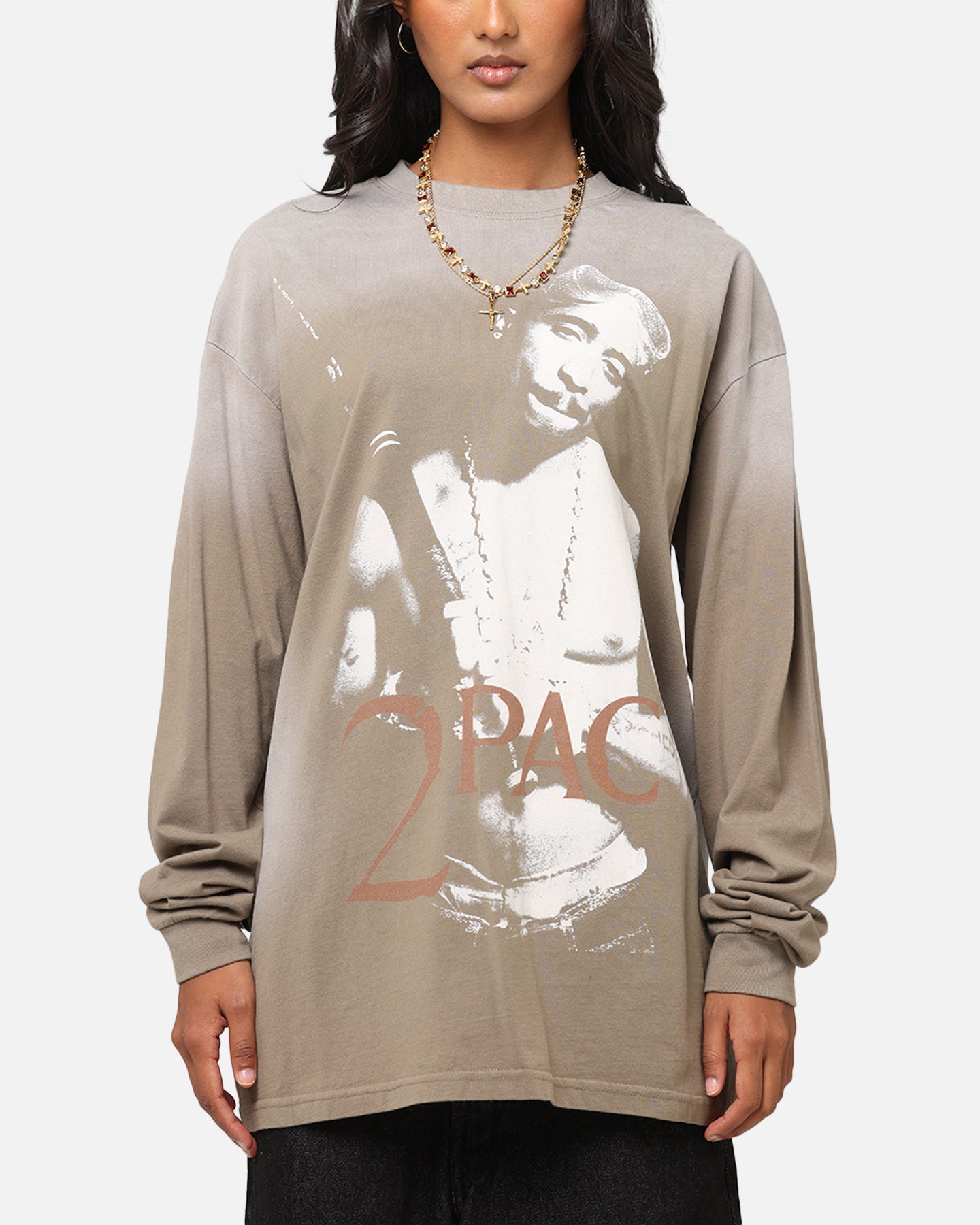 Tupac 2Pac Hem Vintage Long Sleeve T-Shirt Brown、mySite、zt4zffjzw