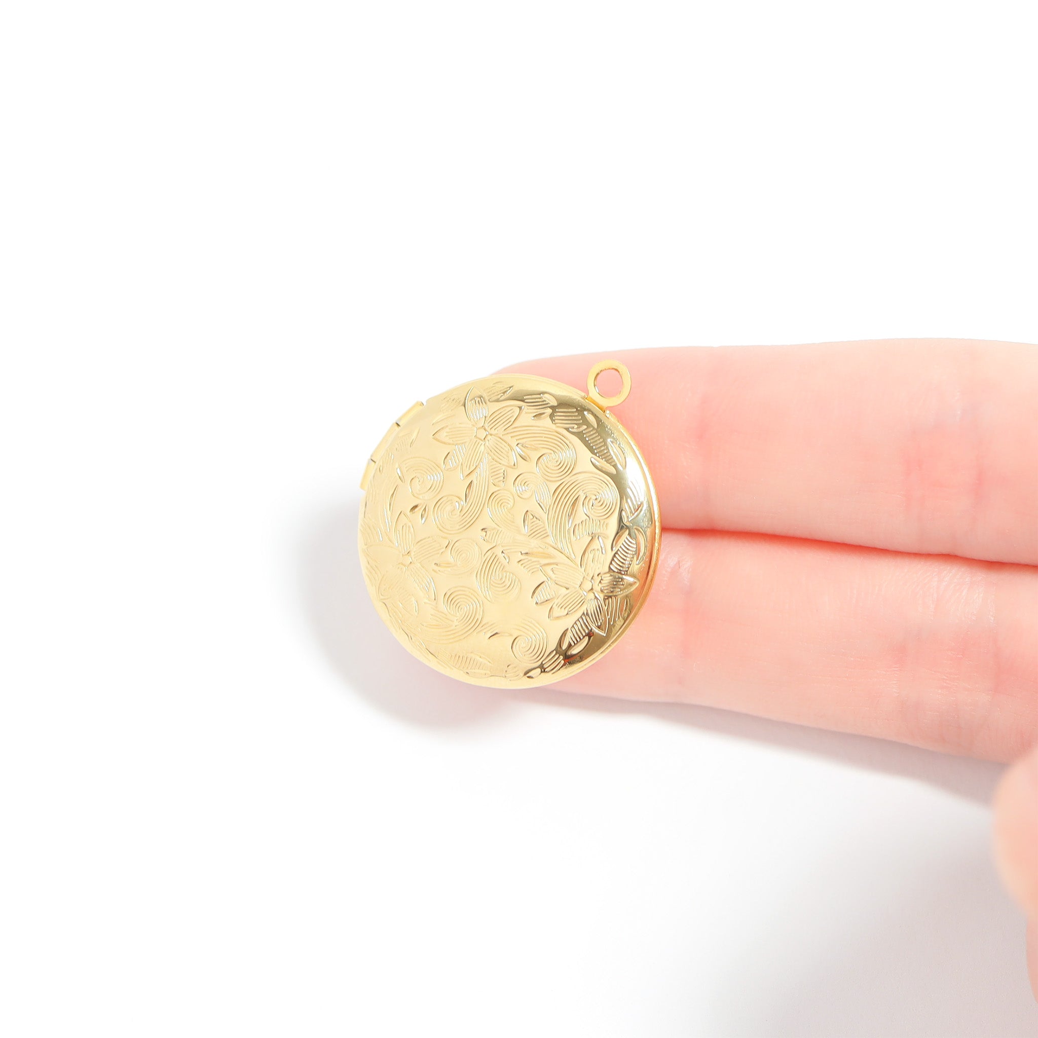 18K Gold PVD Stainless Steel Round Floral textured Locket / PDL0240、mySite、dreamappss
