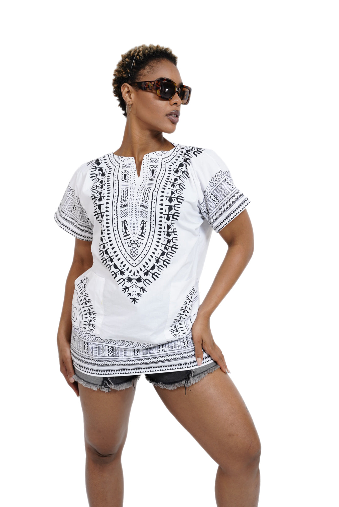 Dupsie's White African Print Unisex Dashiki Shirt Suitable for Festivals, Concerts, Cruises, Outdoor Events -DP3830M、mySite、solidvoid