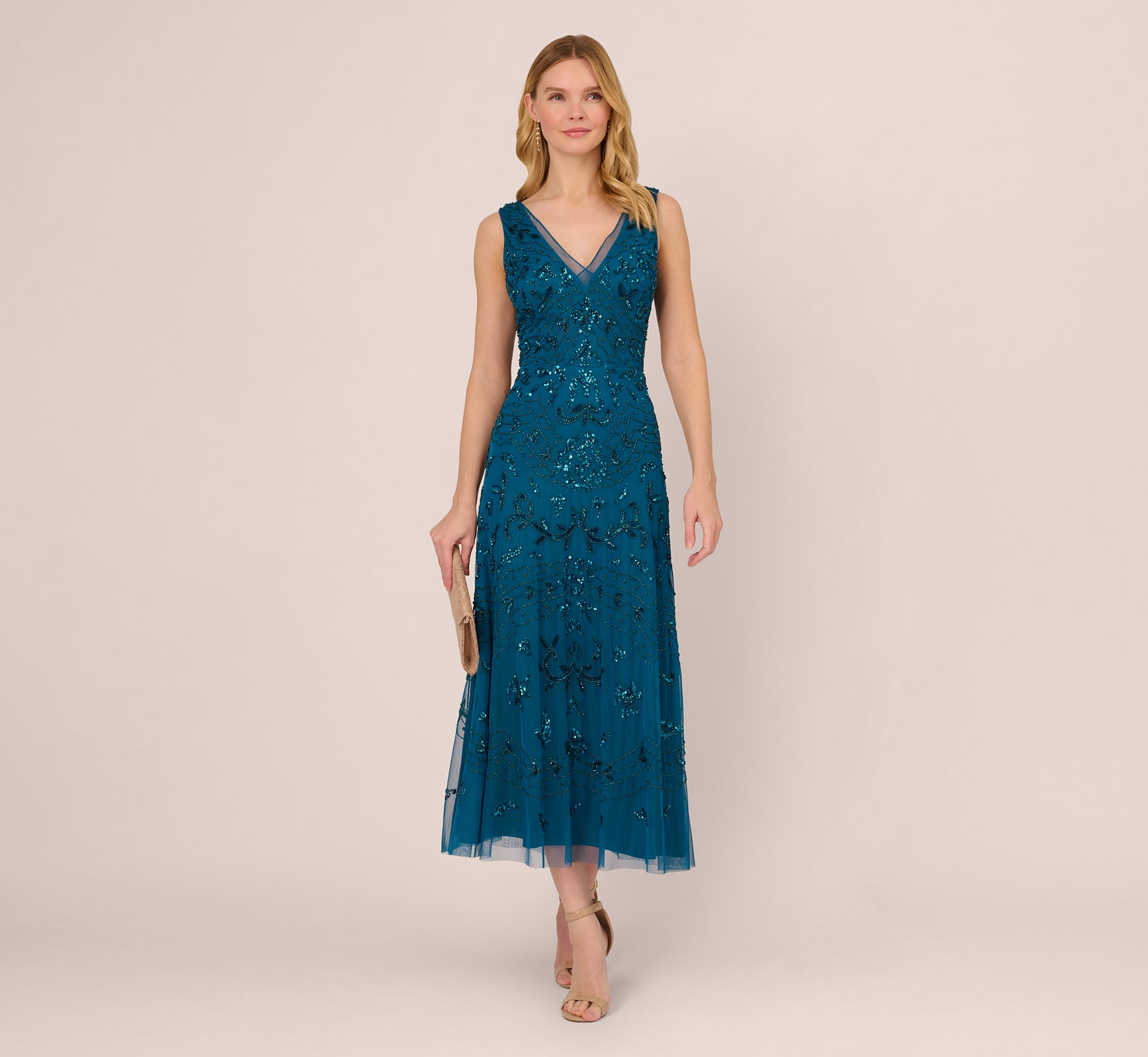 Hand-Beaded Ankle-Length Dress In Teal Sapphire、mySite、solidvoid
