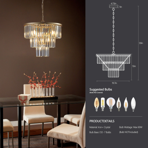 (NEW SKU:W1340P189315) 20" Modern Crystal Chandelier with Black Finish – Elegant 7-Light Pendant Light with 3 Tier Crystal Strands for Dining Room, Living Room, or Bedroom (Bulb Not Included)、、eastwooduniform