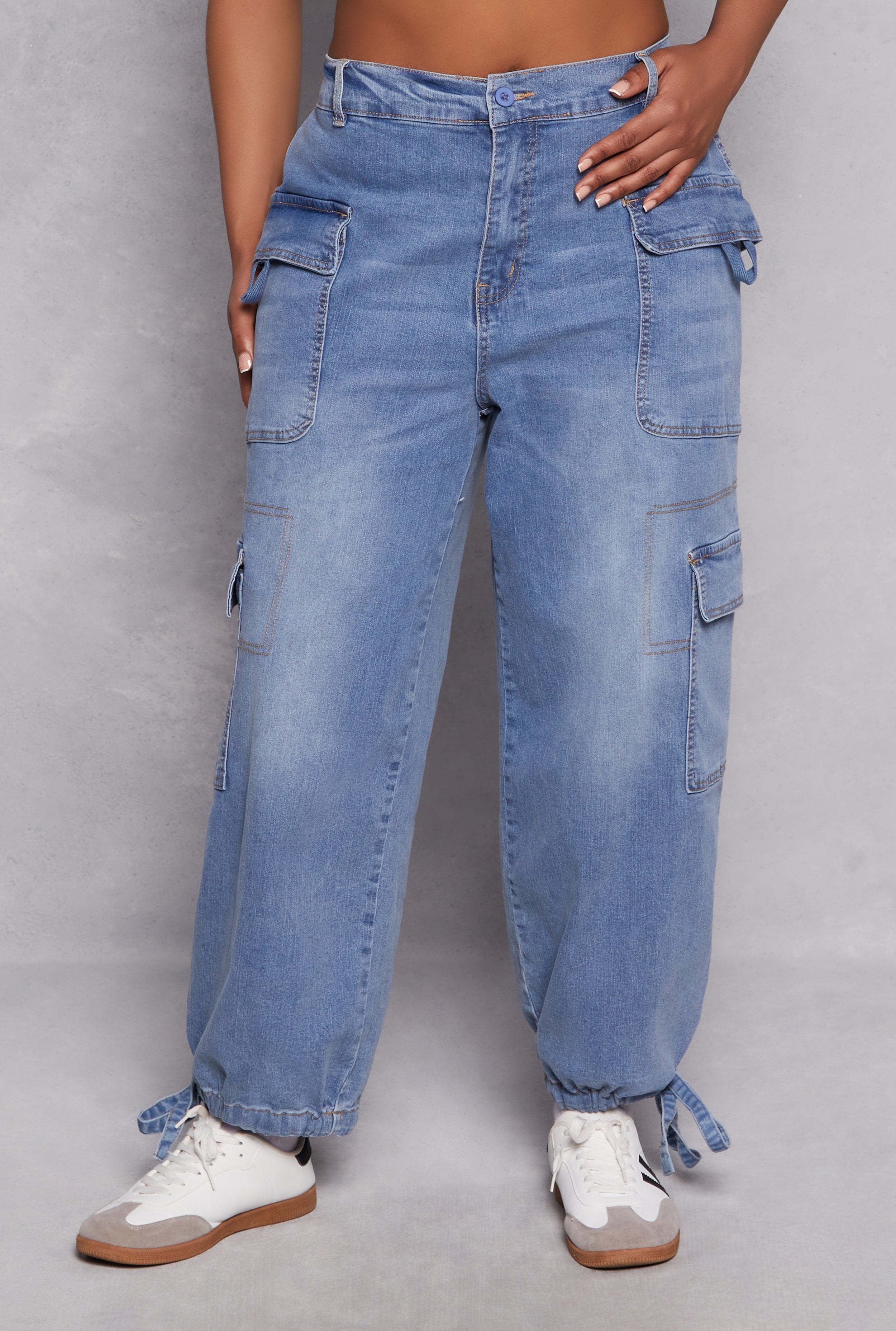 Plus Size Almost Famous Tie Hem Cargo Jeans、mySite、camillekostekn