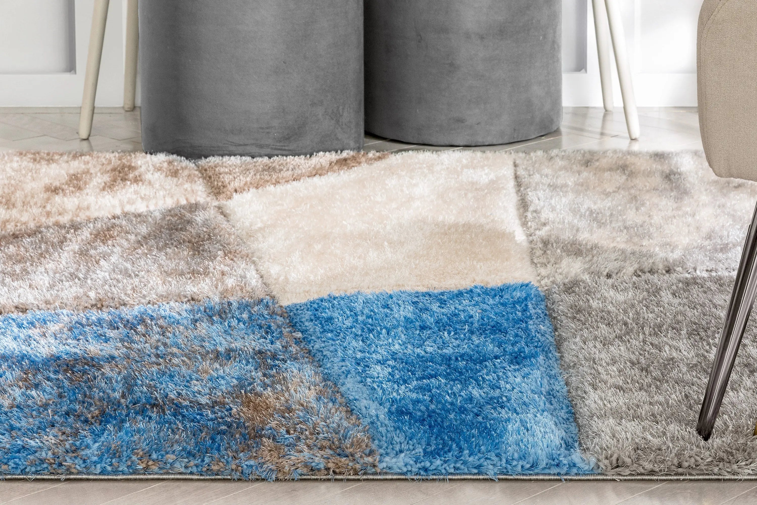 Remi Contemporary Geometric Boxes 3D Textured Shag Grey Light Blue Rug、mySite、gigharbornorthrealestate