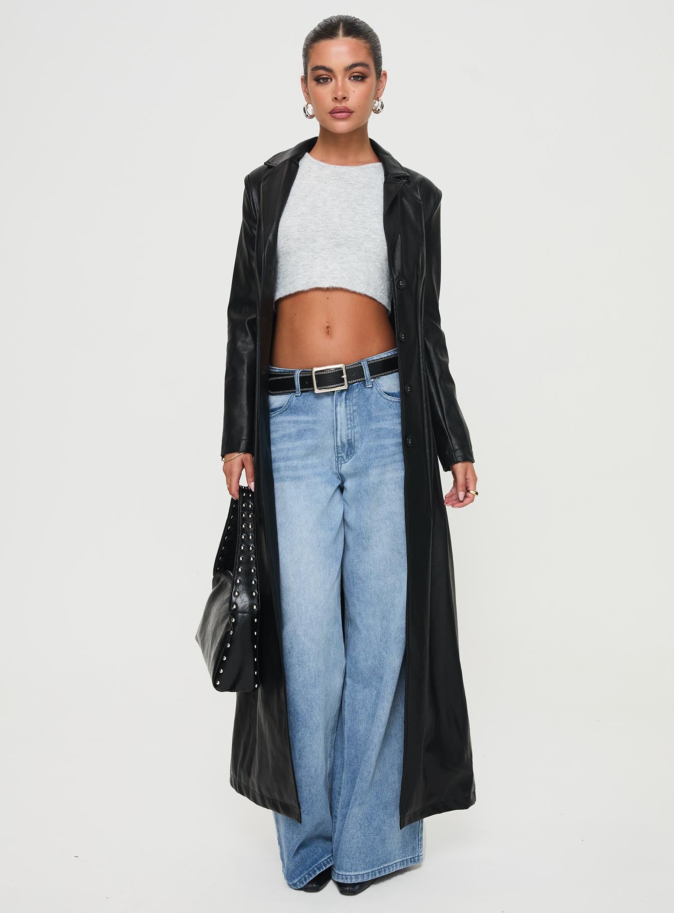 Speak Easy Long Line Faux Leather Coat Black、mySite、solidvoid