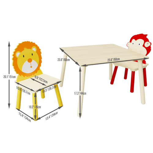 Kids Table and 2 Chairs Set, 3 Pieces Toddler Table and Chair Set, Wooden Activity Play Table Set (Lion&Monkey)、、casual