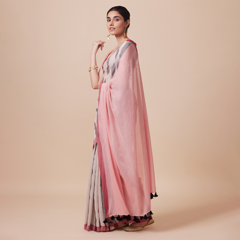 Linen Solid Saree with Blouse | Ivory、mySite、camillekostekn