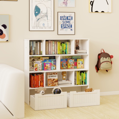 Toy Storage Organizer with 2 Movable Drawers, Multi-Functional 7 Shelf Kids Bookcase with 2 Hooks, Children Book Shelf for Kids Room, Nursery Storage Book Rack for Playroom, Classroom-White、、casual