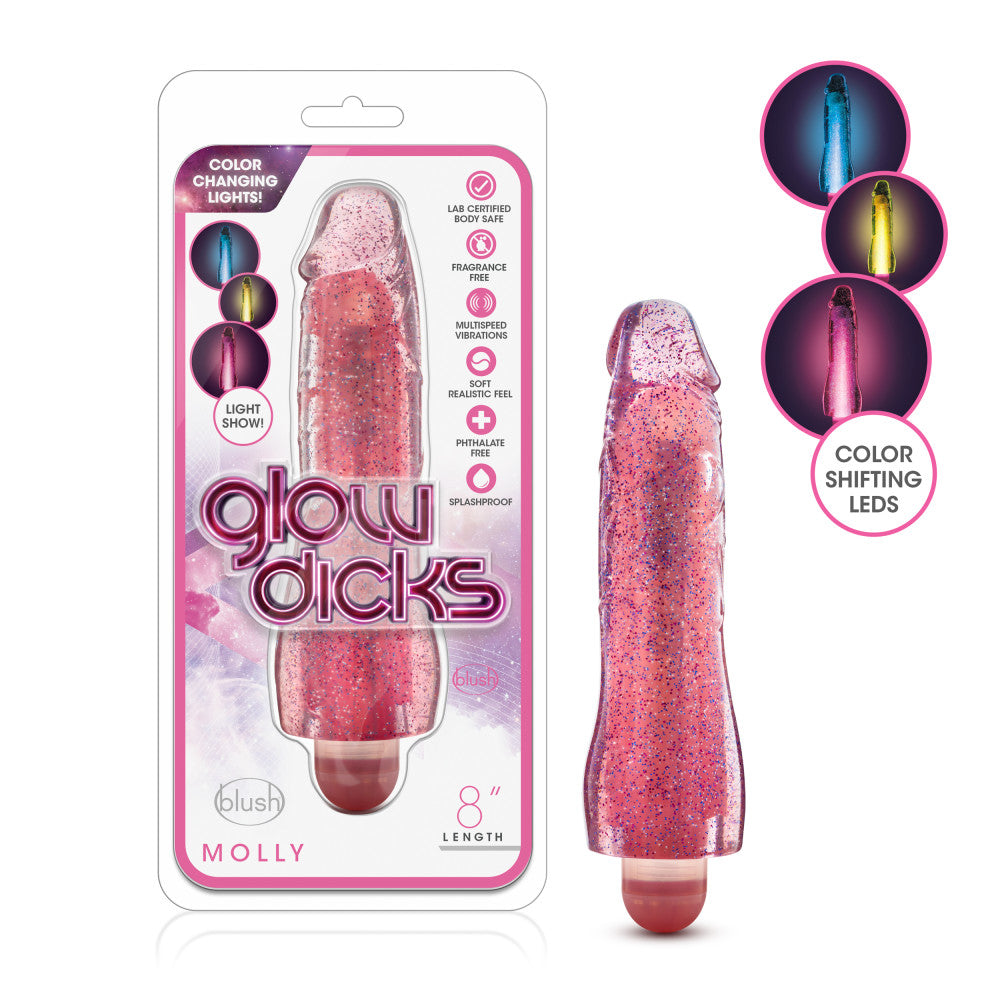 Glow Dicks By Blush® | Molly Glitter Realistic Pink 8-Inch Long Vibrating Dildo、mySite、bottomscart