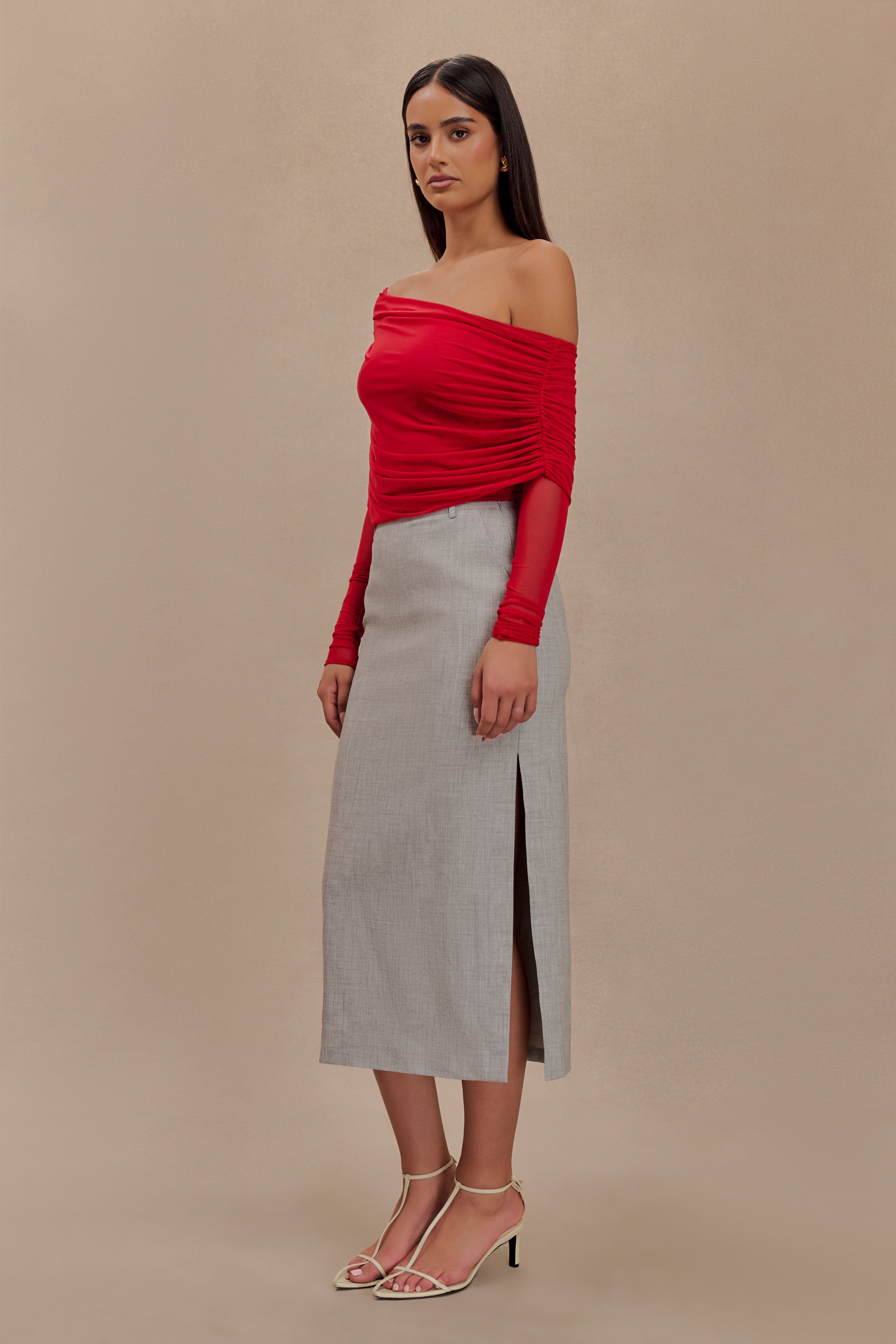 Everly Sheer Mesh Off Shoulder Top - Ruby、mySite、solidvoid