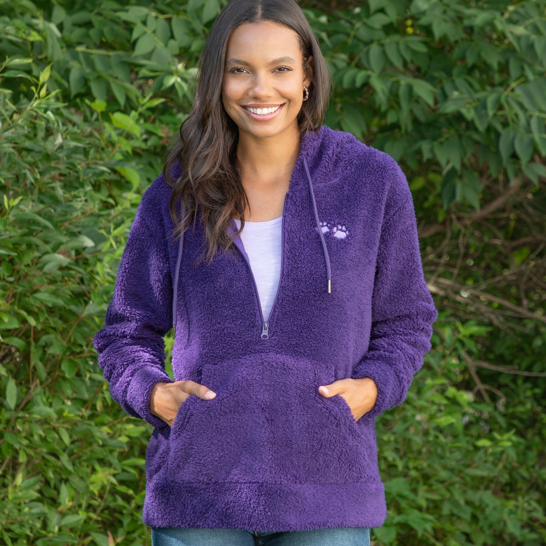 Purple Paws Plush Sherpa Fleece Quarter Zip Hoodie、mySite、camillekostekn