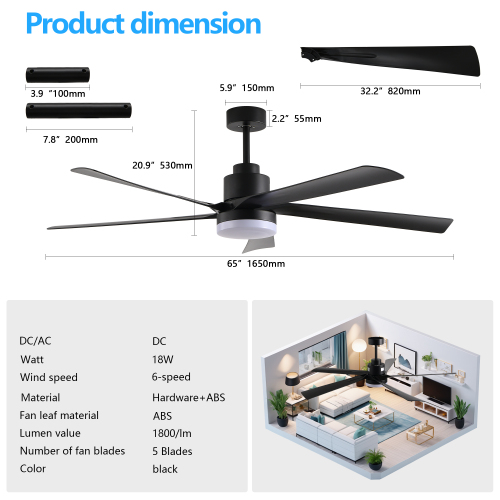 65 Inch Black Ceiling Fan with Light, 5-Blade Dimmable LED Ceiling Fan with Remote Control, Modern Quiet Design for Living Room and Bedroom (Silent/6-Speed/Reversible/DC Motor)、、eastwooduniform