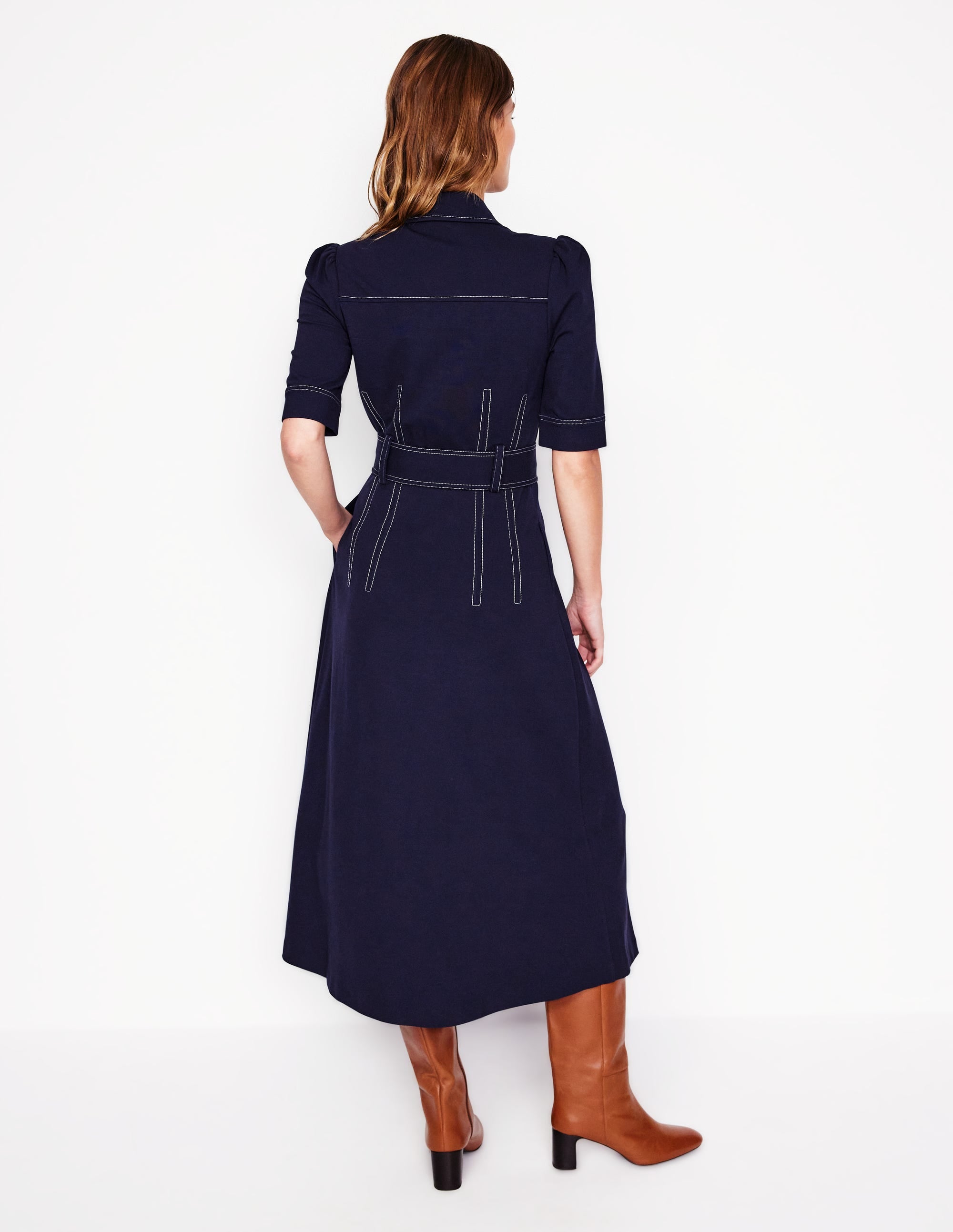  Belted Ponte Shirt Dress-Navy、mySite、ashleygrahame