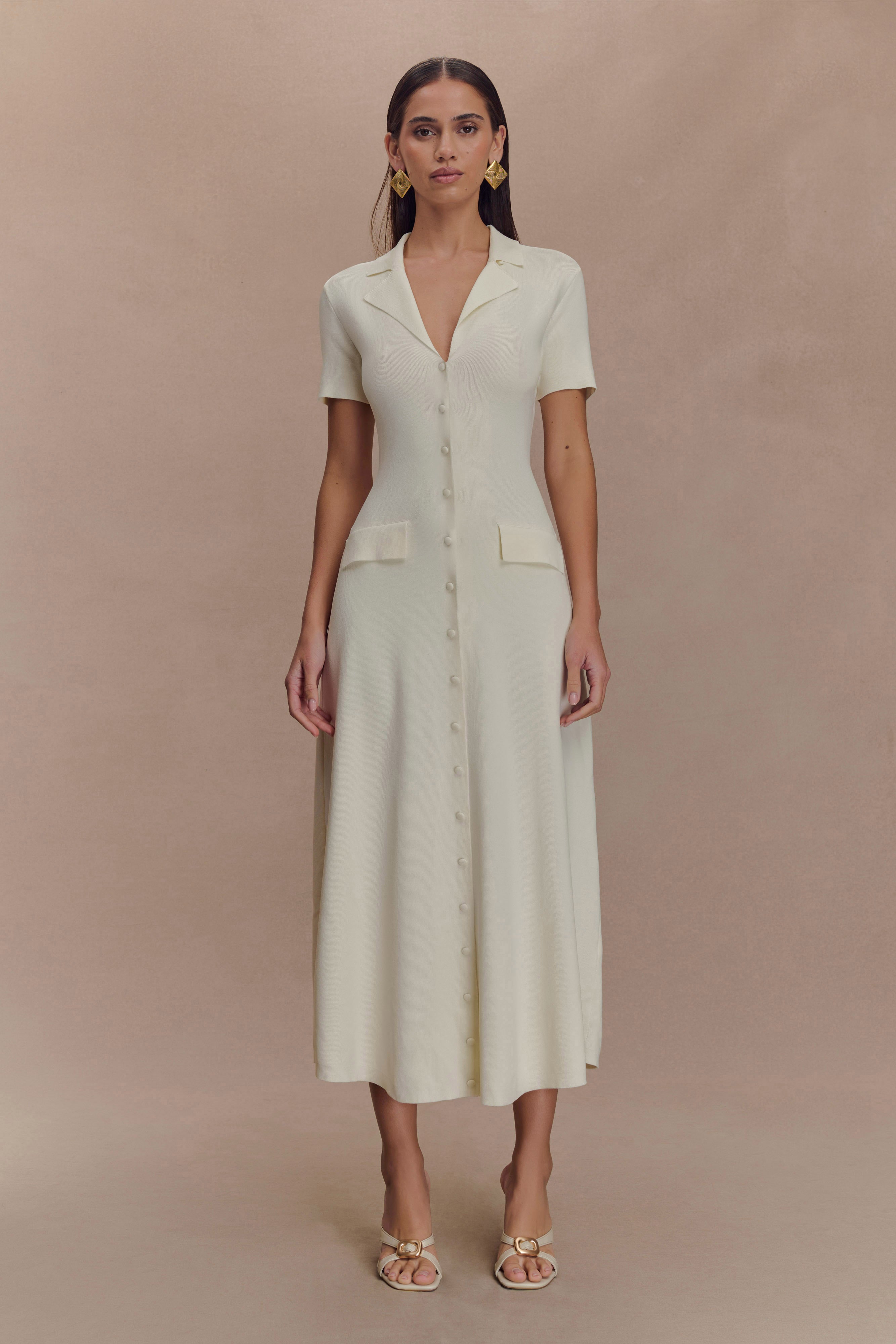 Pearson Short Sleeve Knit Midi Dress - Ivory、mySite、solidvoid
