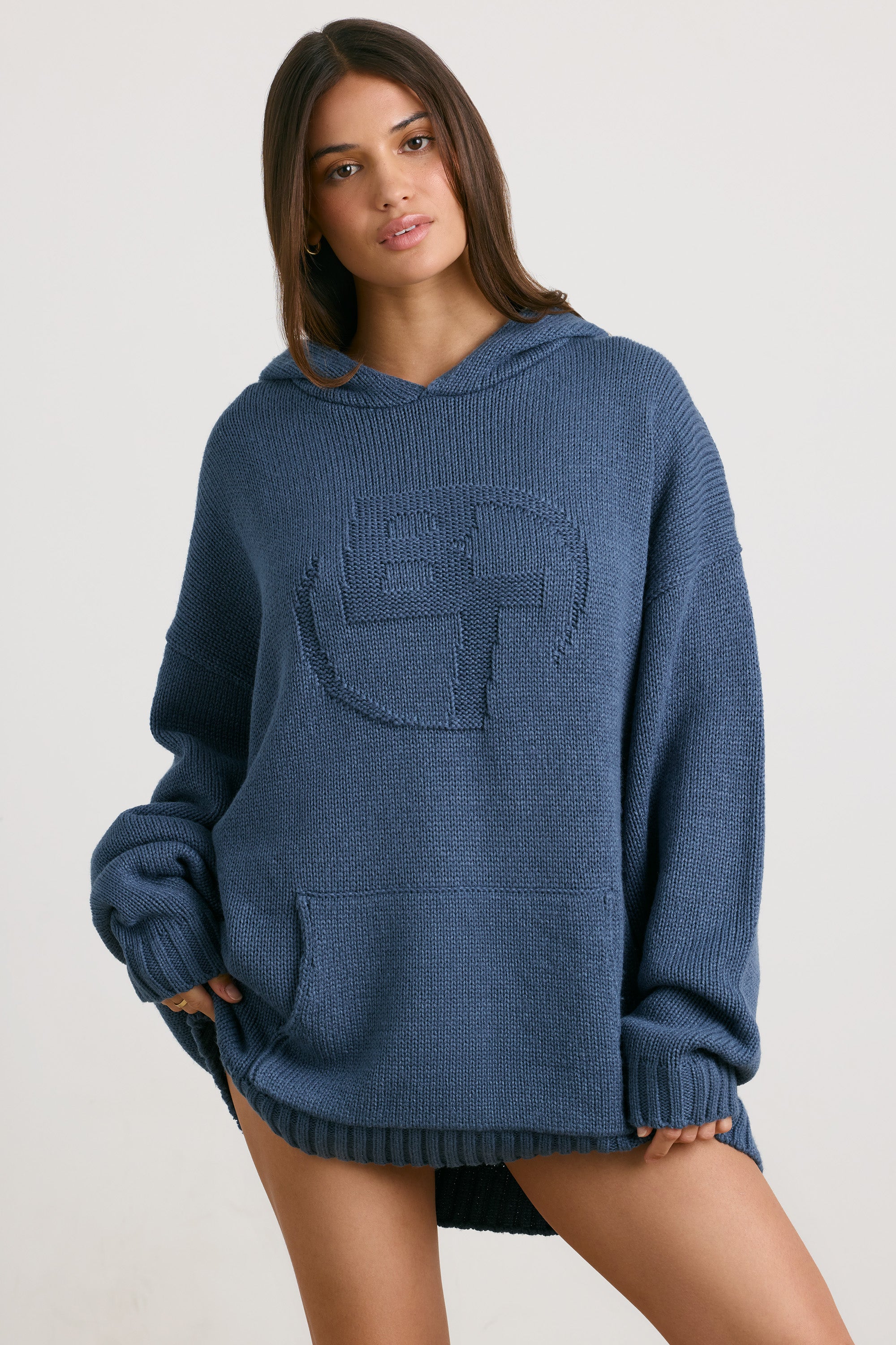 Oversized Chunky Knit Hoodie in Washed Navy、mySite、solidvoid