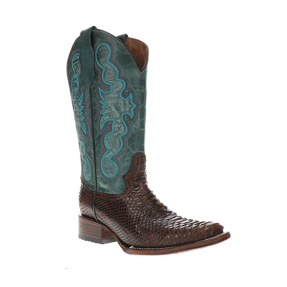 Chocolate Blue Embroidered Snakeskin Square Toe Pull On Cowboy Boots、mySite、gtrtttuynbv