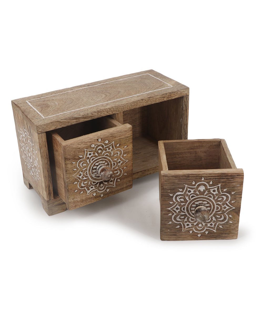 Small Tabletop Carved Wood Mandala Pedestal Riser With Drawers、mySite、topwebapps