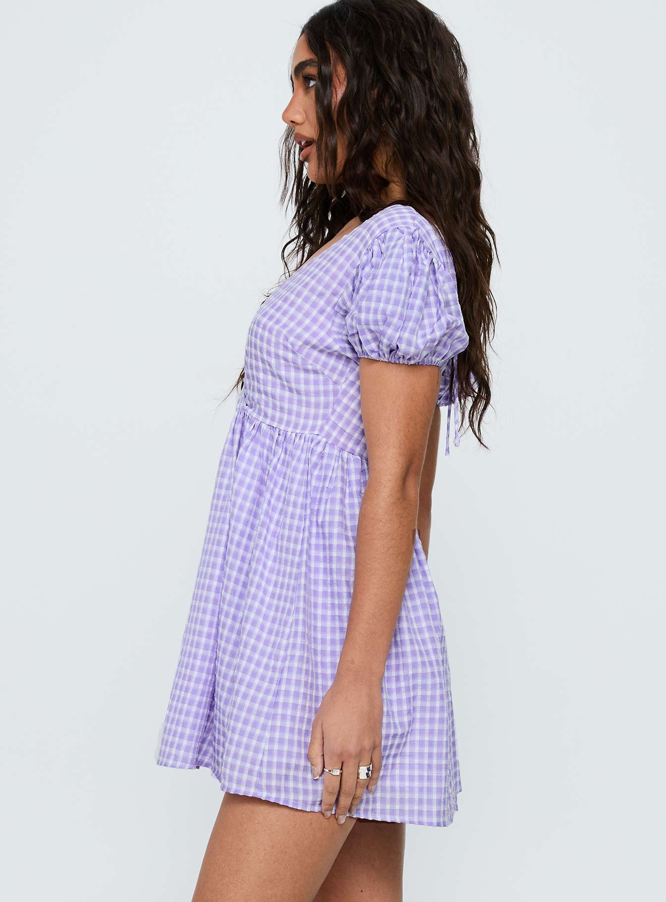 Chavelle Puff Sleeve Mini Dress Purple Check、mySite、solidvoid