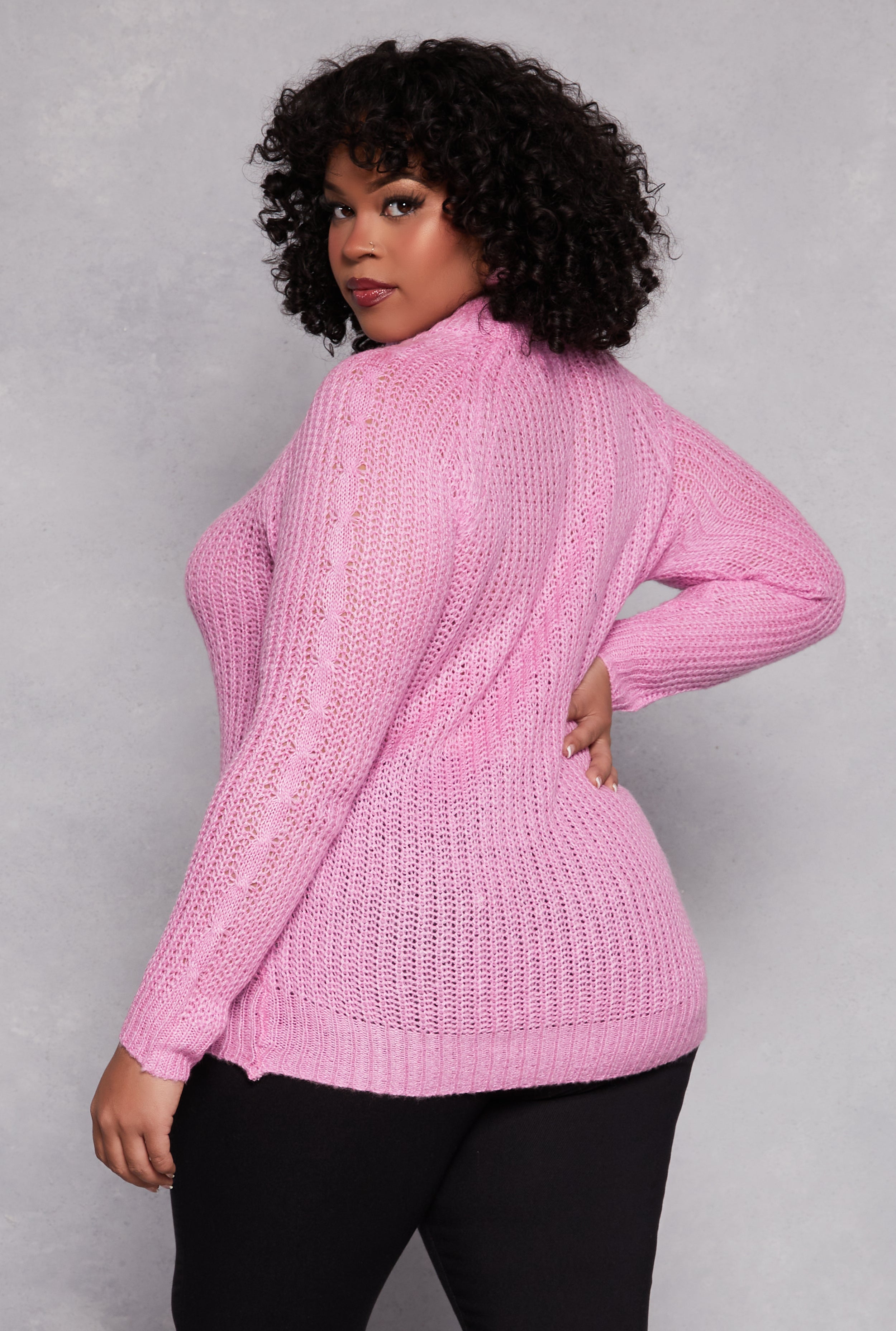 Plus Size Fringe Cable Knit Sweater、mySite、camillekostekn