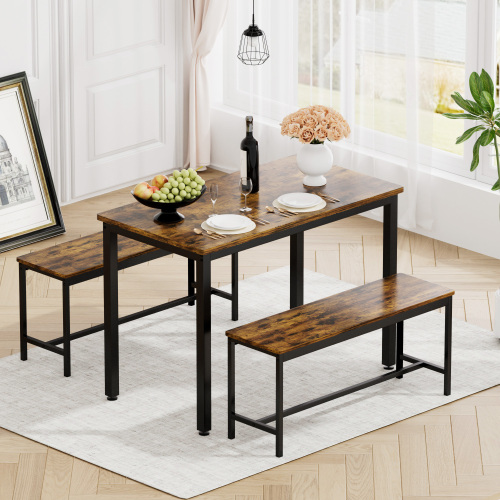 Dining Table Set, Bar Table with 2 Dining Benches, Kitchen Table Counter with Chairs, Industrial for Kitchen Breakfast Table, Living Room, Party Room, Grey and Black,43.3″L x 23.6″W x 29.9″H、、casual