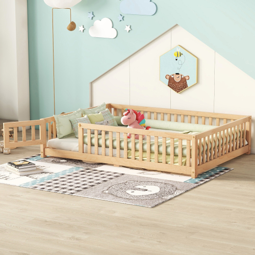 Twin Size Bed Floor Bed with Safety Guardrails and Door for Kids, Natural(Old SKU: W158090686)、、casual