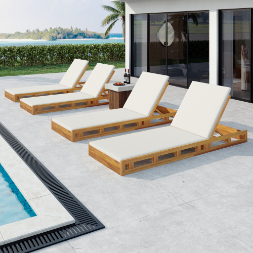 LOUNGE CHAISE SET, ACACIA WOOD WITH WATER-RESISTANT LOUNGE CUSHIONS (CREAM & 4 INCH THICK) - MATCHING DARK GREY VERSION AVAILABLE、、eastwooduniform